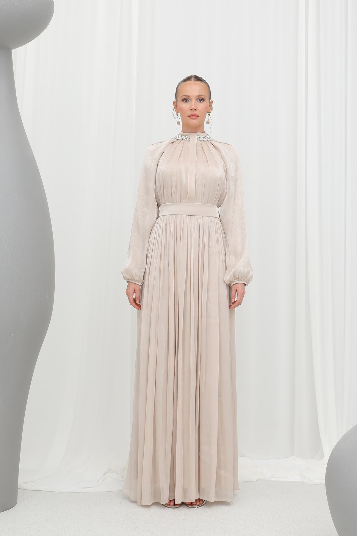 Kadın Taş Detaylı Şifon Abiye Elbise -17001ELB