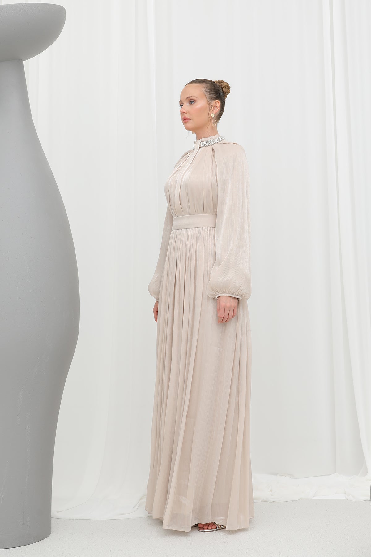 Kadın Taş Detaylı Şifon Abiye Elbise -17001ELB