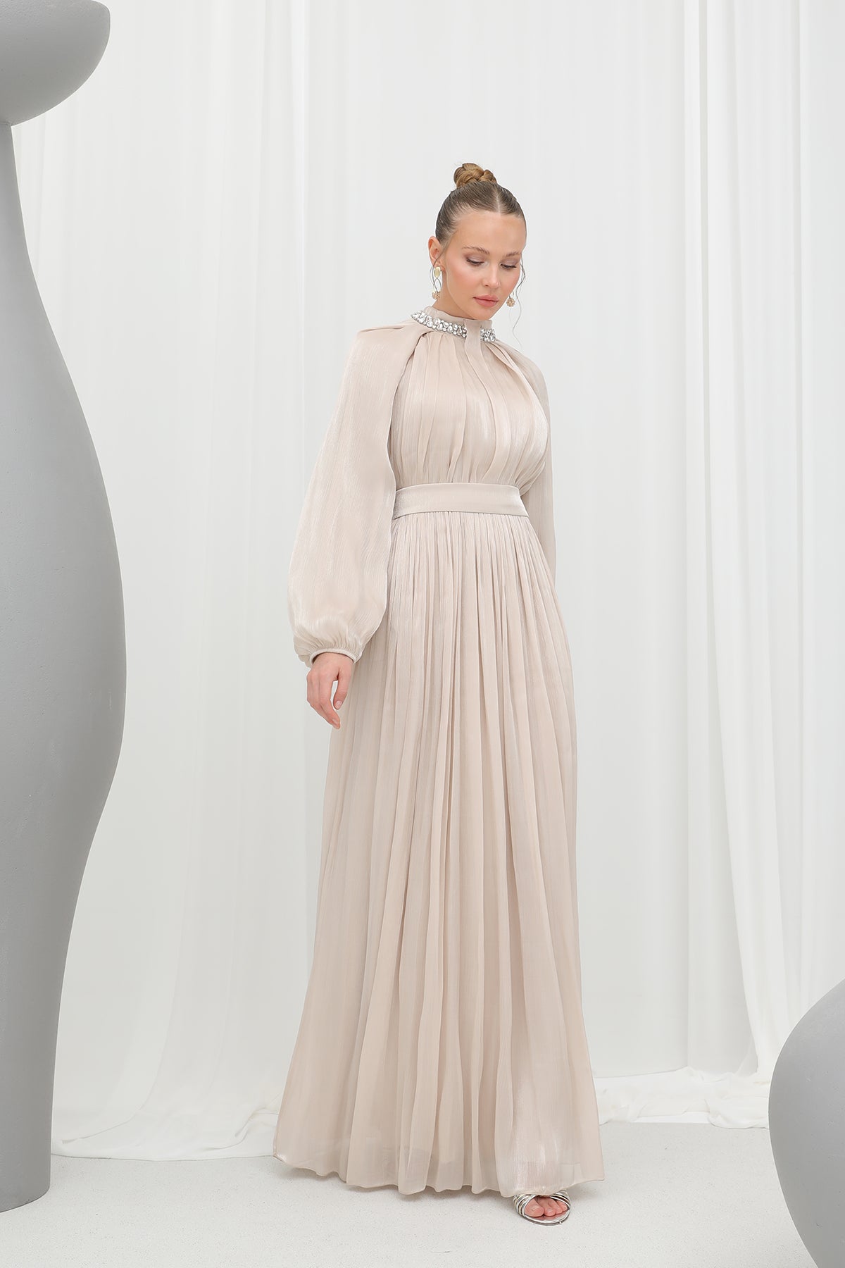 Kadın Taş Detaylı Şifon Abiye Elbise -17001ELB