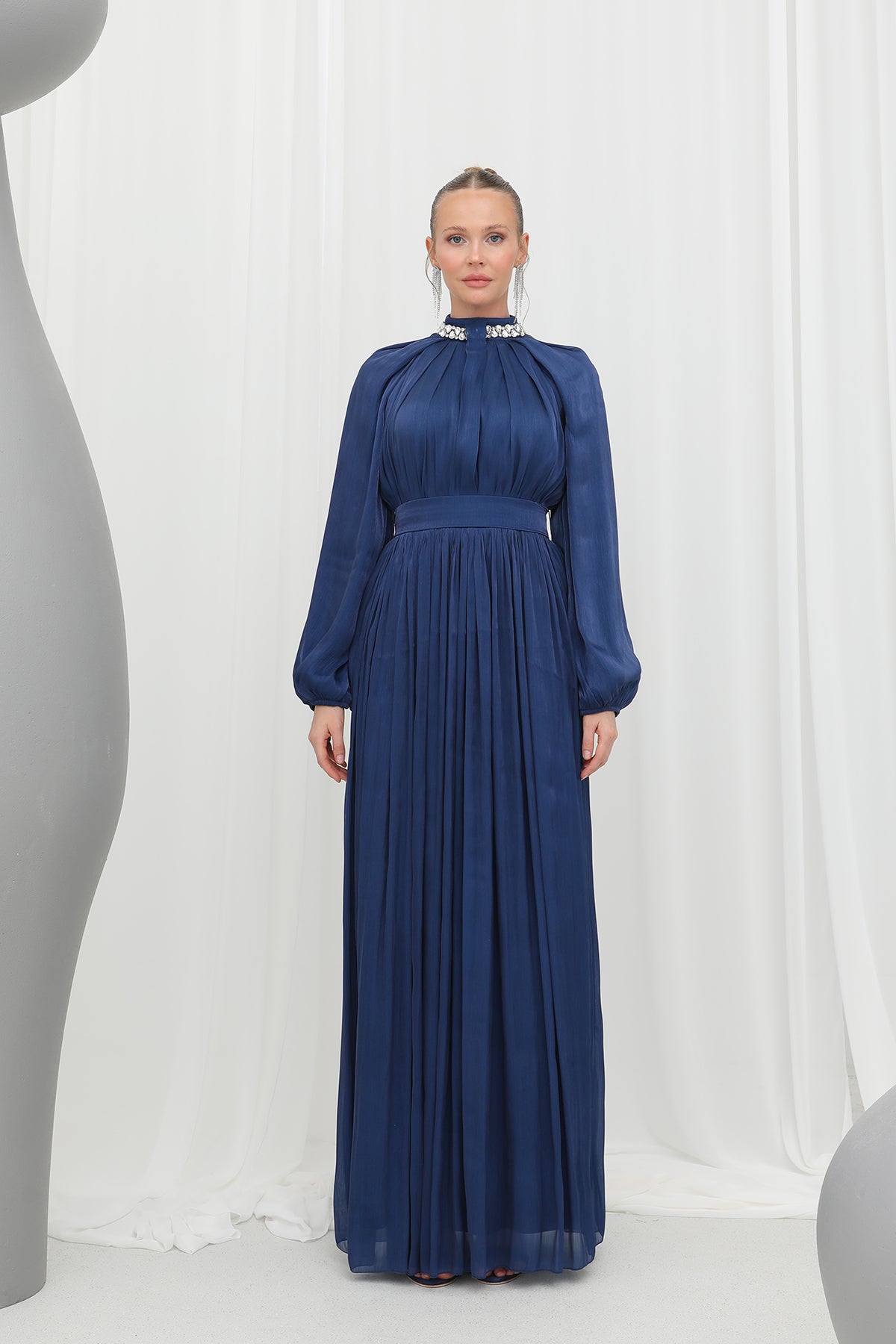 Kadın Taş Detaylı Şifon Abiye Elbise -17001ELB