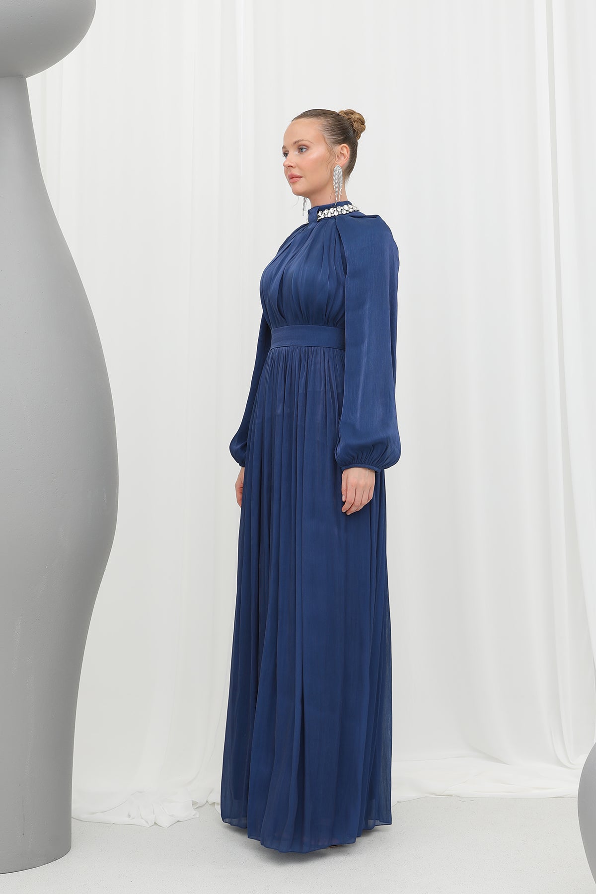 Kadın Taş Detaylı Şifon Abiye Elbise -17001ELB