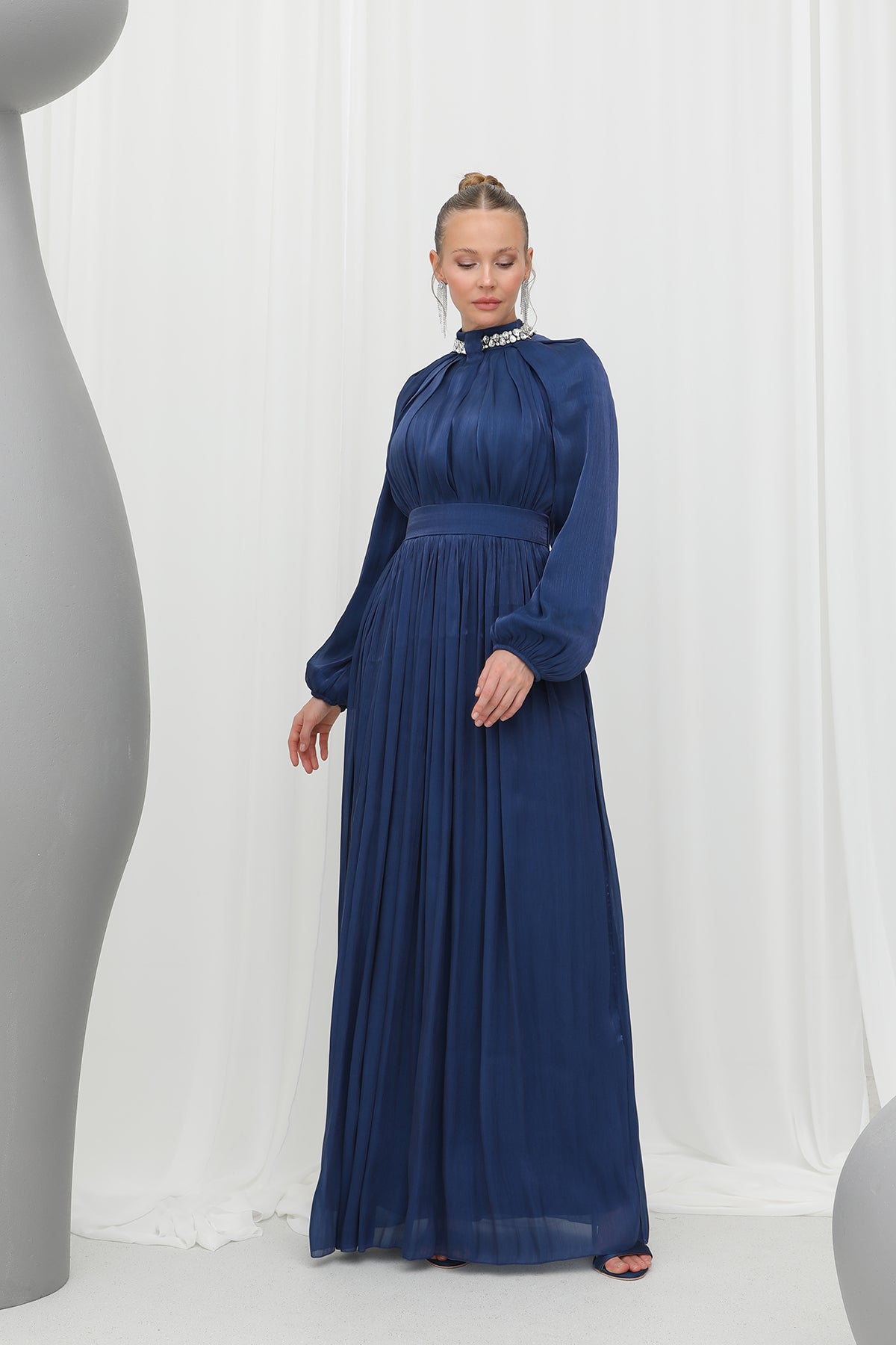 Kadın Taş Detaylı Şifon Abiye Elbise -17001ELB