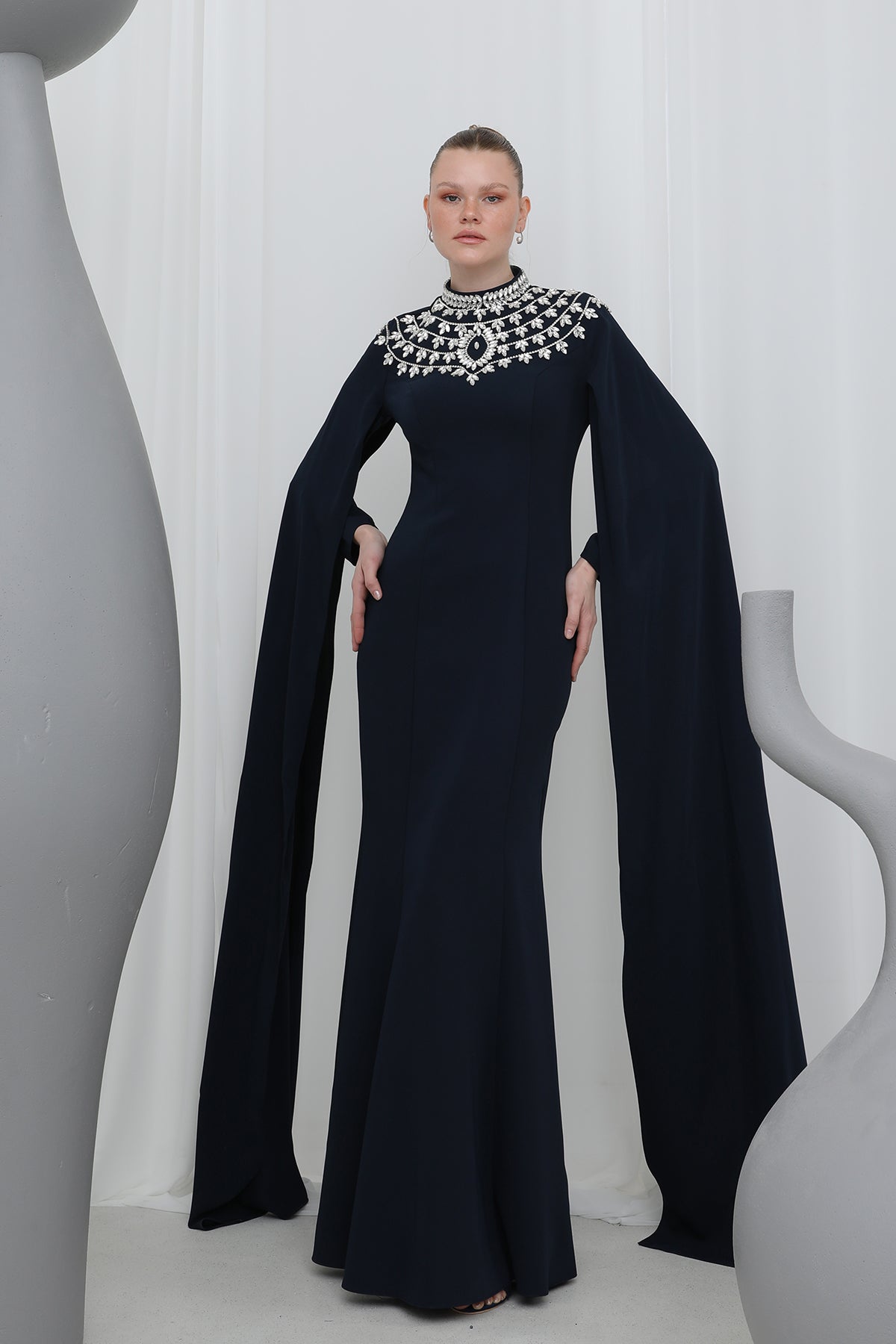 Kadın Taş İşlemeli Uzun Kollu Abiye Elbise -17003ELB