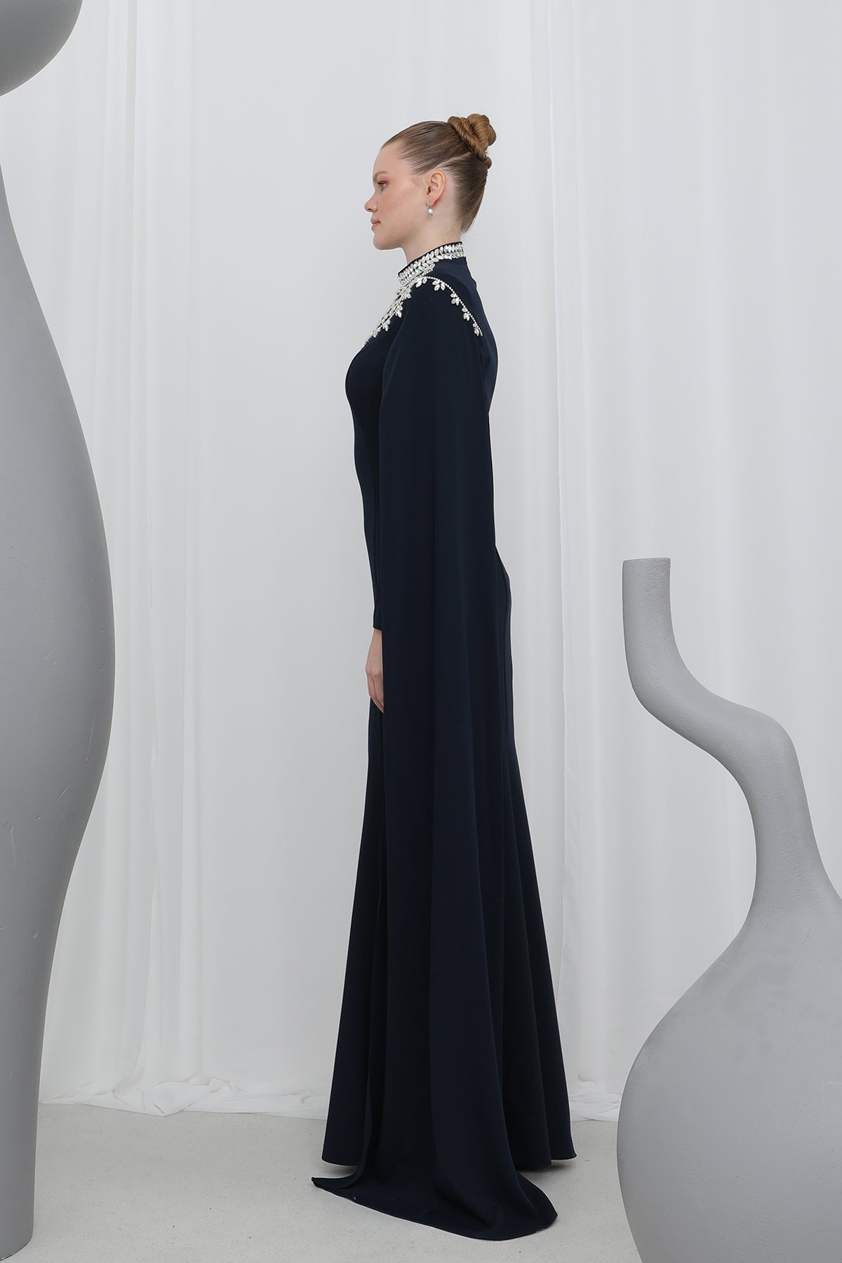 Kadın Taş İşlemeli Uzun Kollu Abiye Elbise -17003ELB