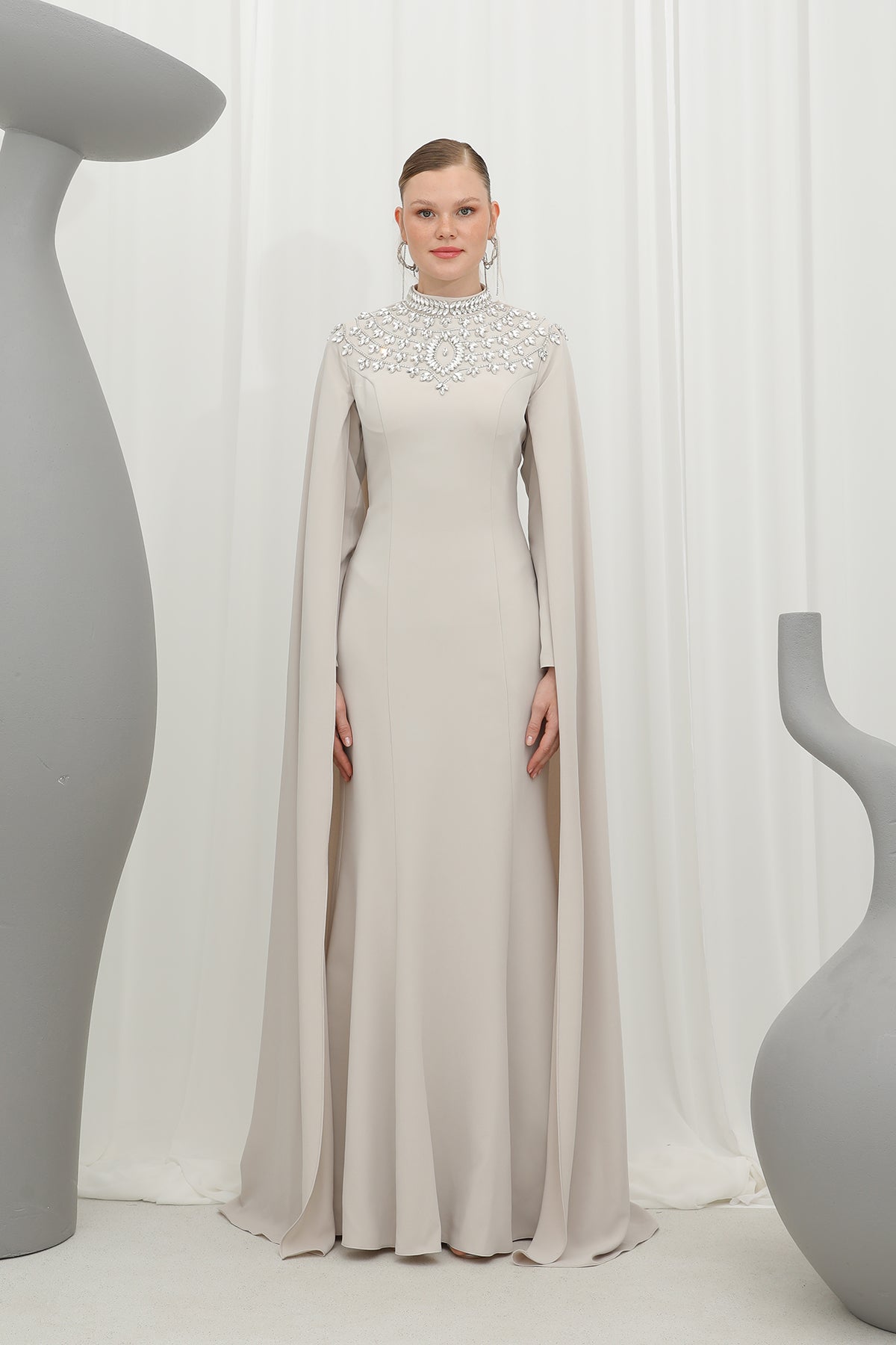 Kadın Taş İşlemeli Uzun Kollu Abiye Elbise -17003ELB