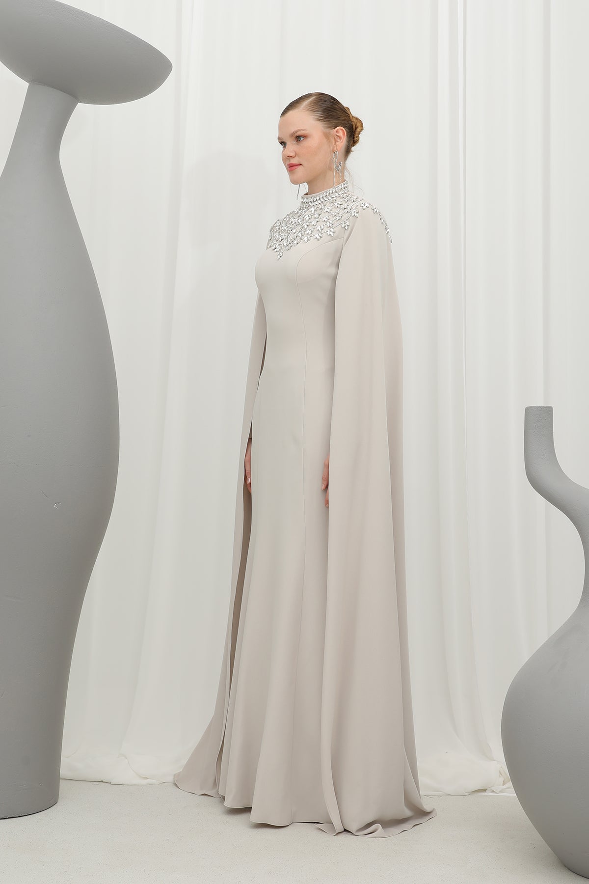 Kadın Taş İşlemeli Uzun Kollu Abiye Elbise -17003ELB