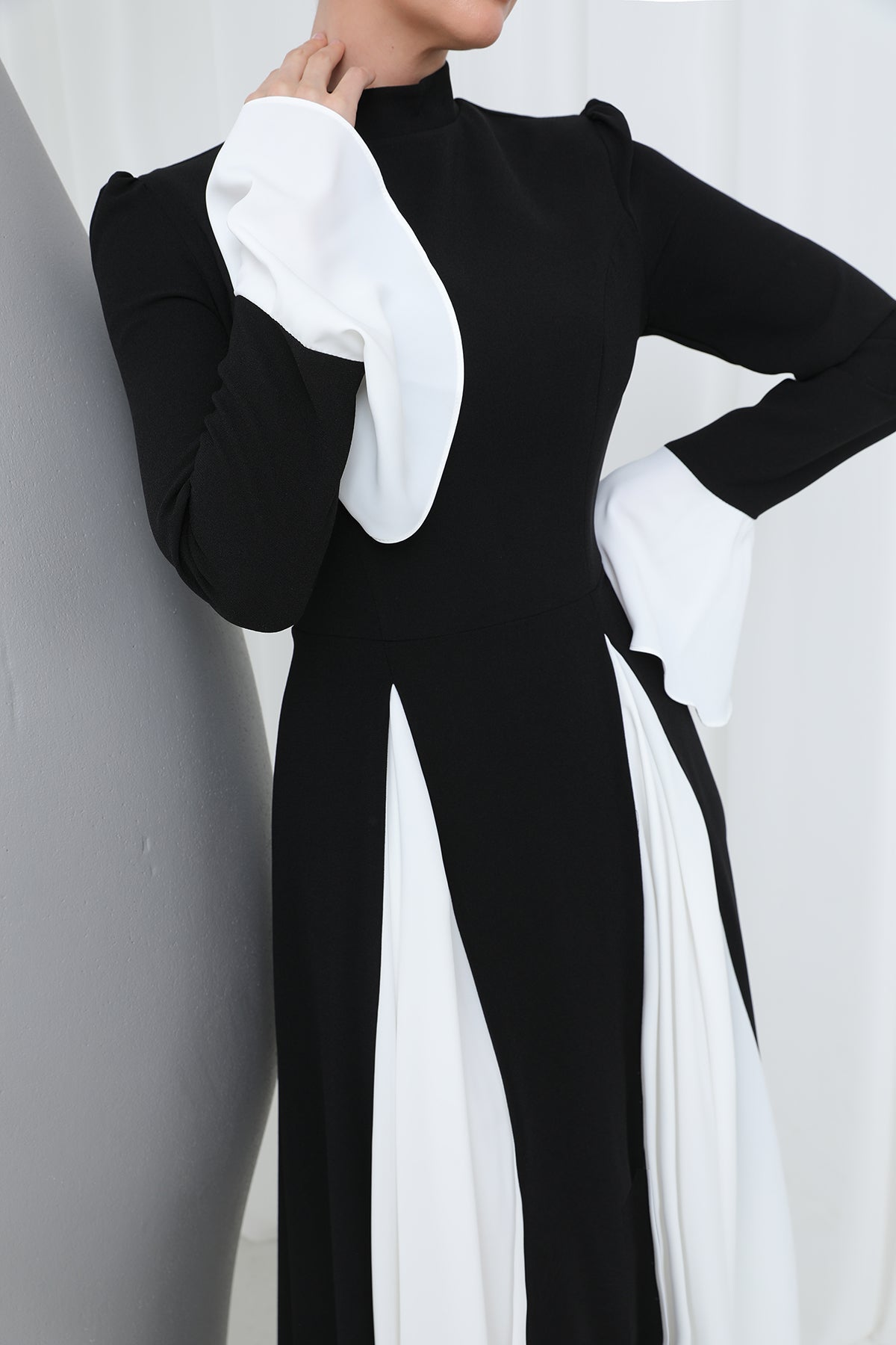 Kadın Kontrast Panel Detaylı Modern Tesettür Abiye Elbise-17012ELB