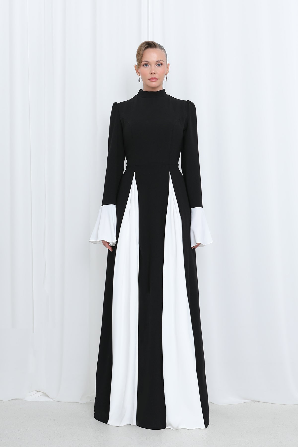 Kadın Kontrast Panel Detaylı Modern Tesettür Abiye Elbise-17012ELB