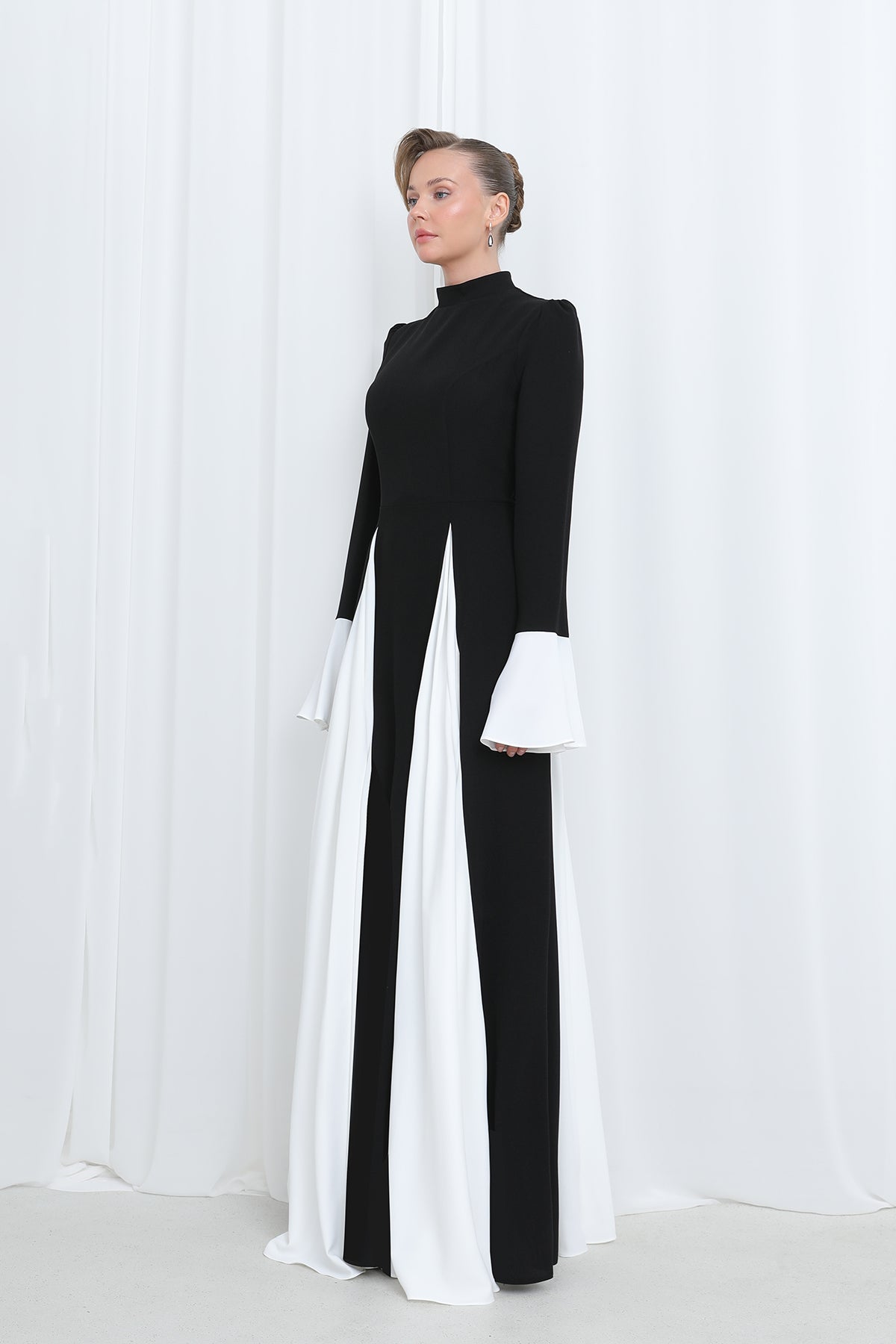 Kadın Kontrast Panel Detaylı Modern Tesettür Abiye Elbise-17012ELB