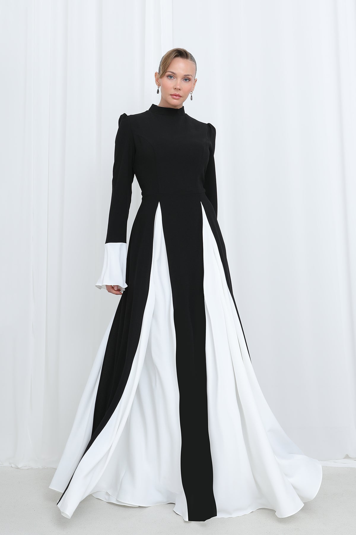 Kadın Kontrast Panel Detaylı Modern Tesettür Abiye Elbise-17012ELB