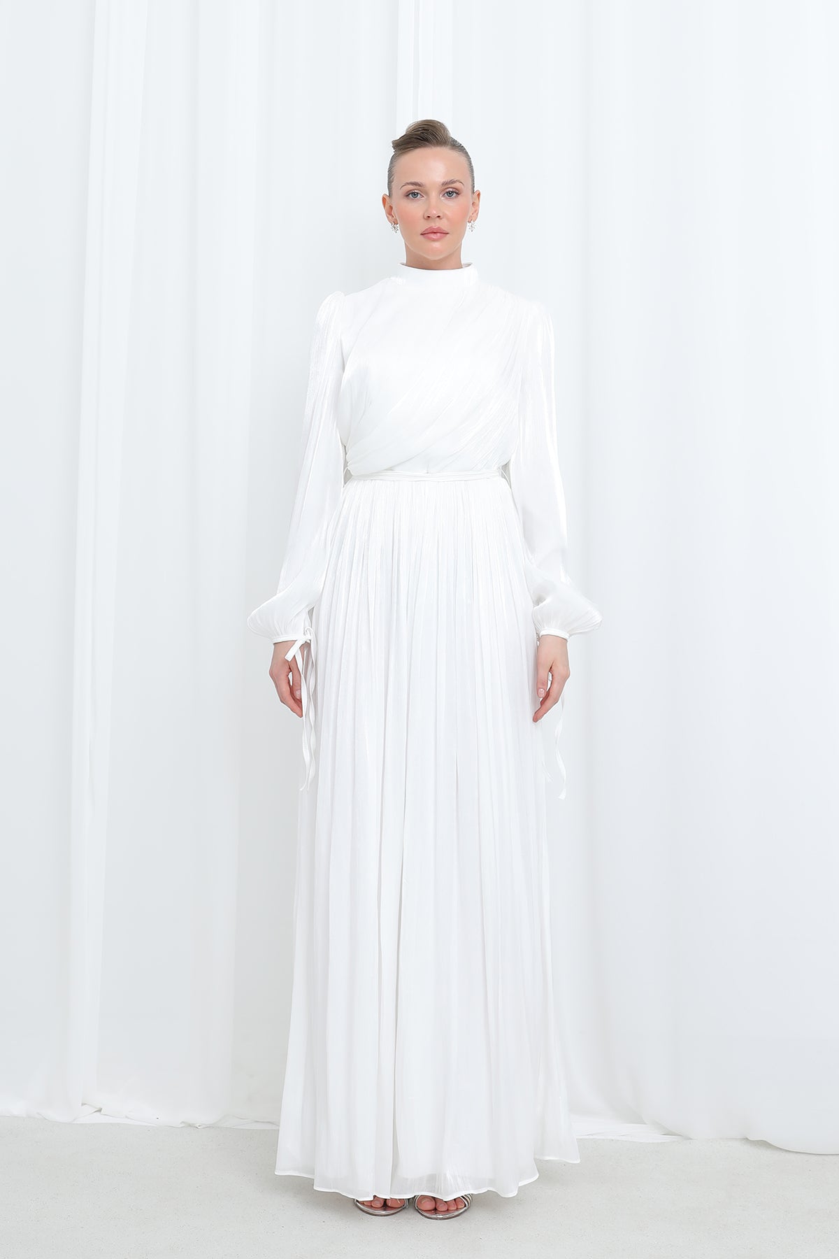 Kadın Saten Dokulu Pileli Uzun Kollu Modern Tesettür Abiye-17029ELB