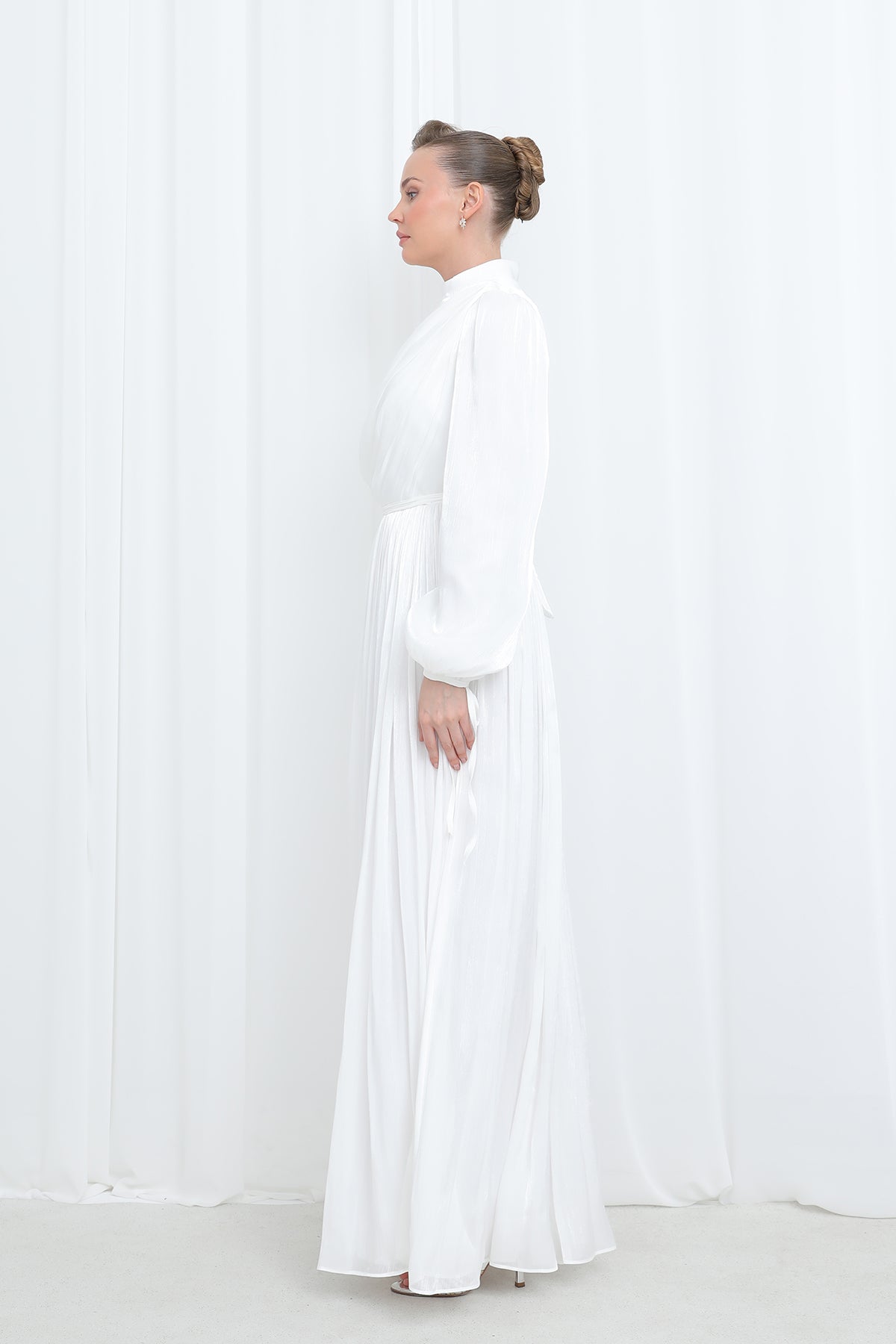 Kadın Saten Dokulu Pileli Uzun Kollu Modern Tesettür Abiye-17029ELB