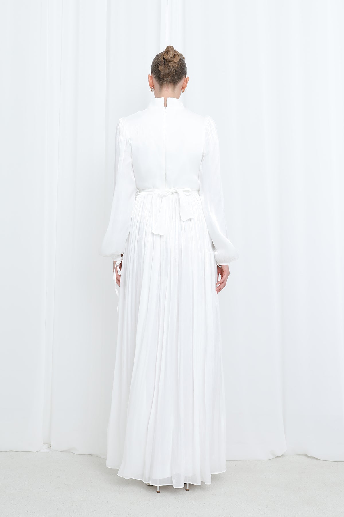 Kadın Saten Dokulu Pileli Uzun Kollu Modern Tesettür Abiye-17029ELB