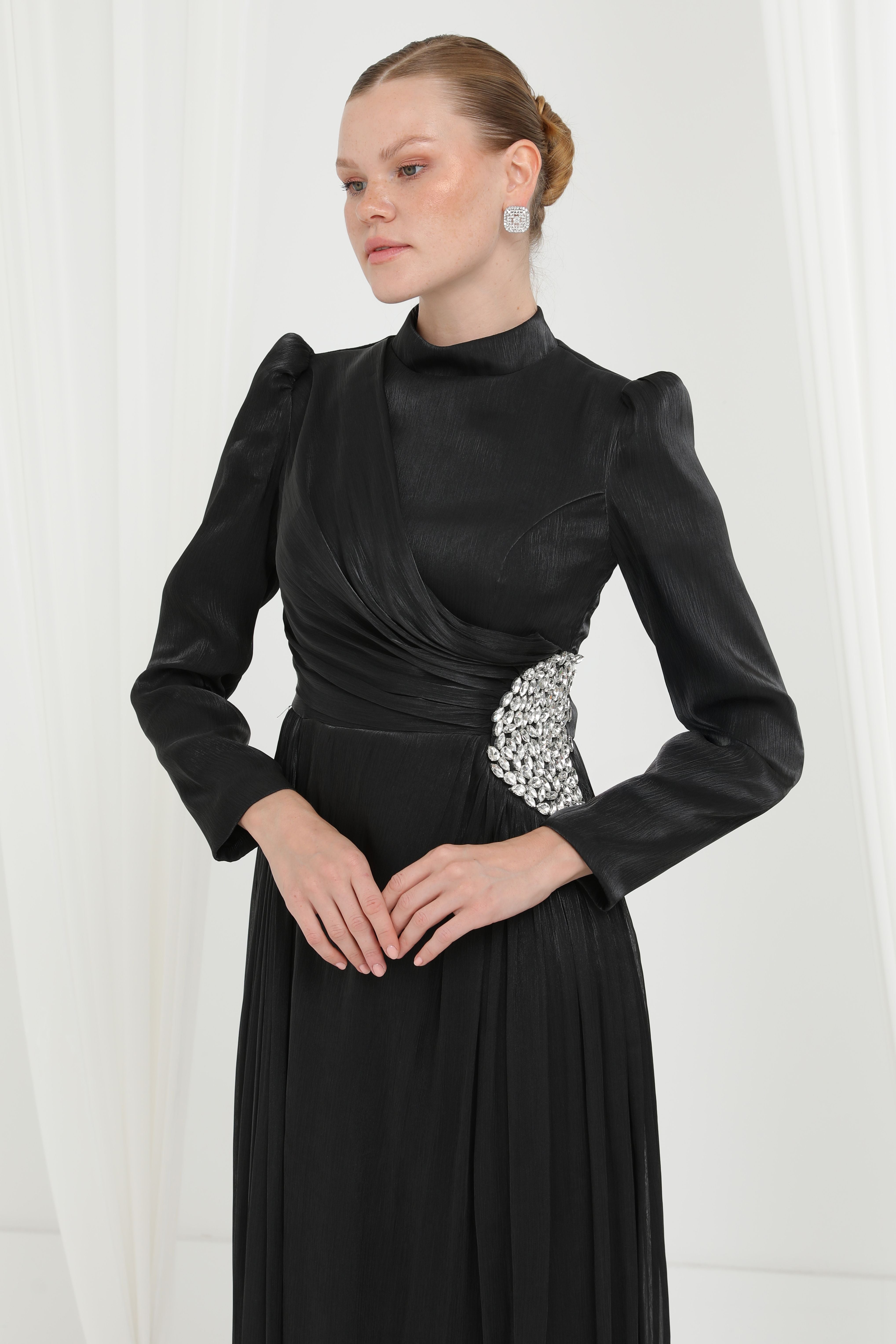 Kadın Taş Detaylı Saten Drape Abiye Elbise-17037ELB