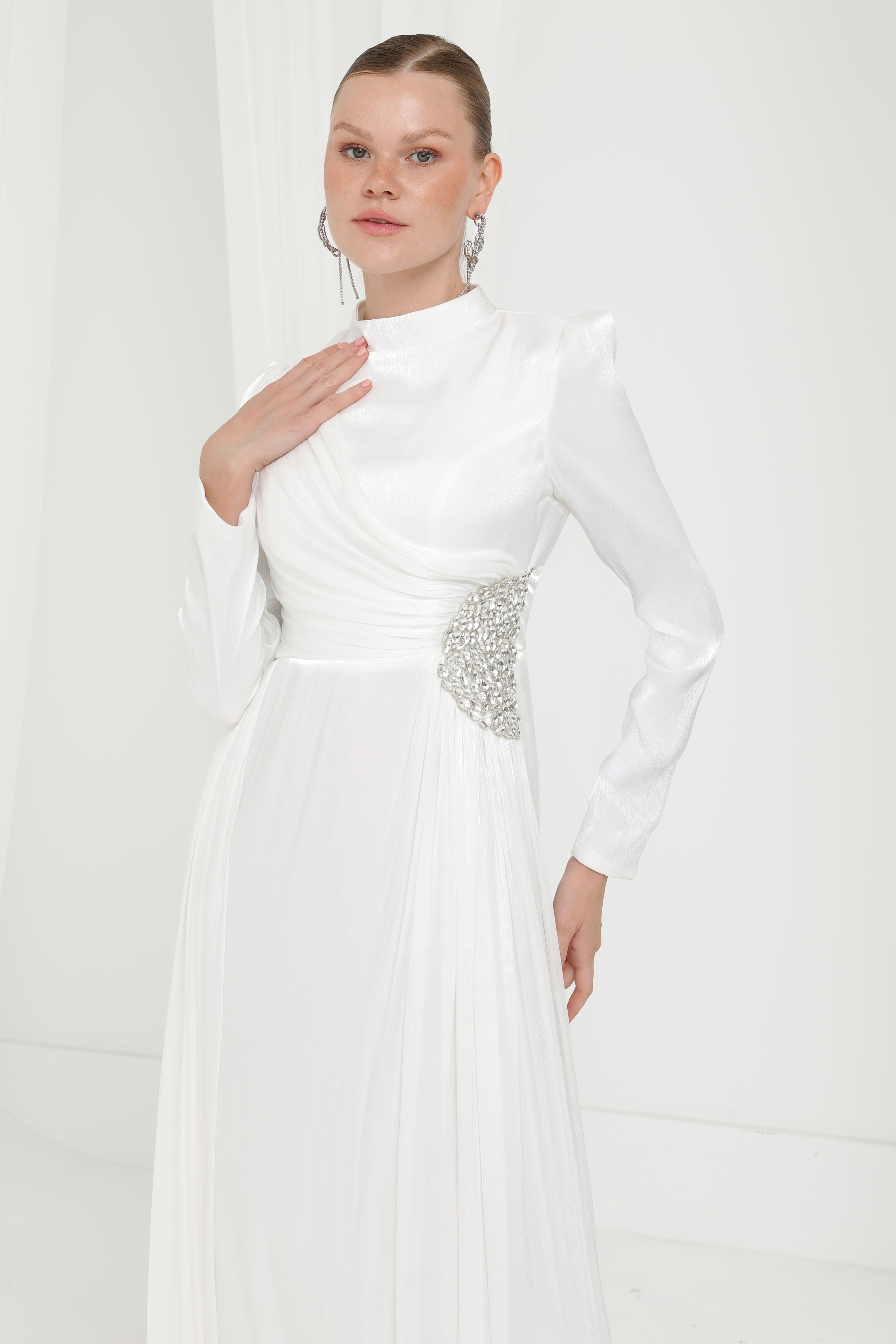 Kadın Taş Detaylı Saten Drape Abiye Elbise-17037ELB