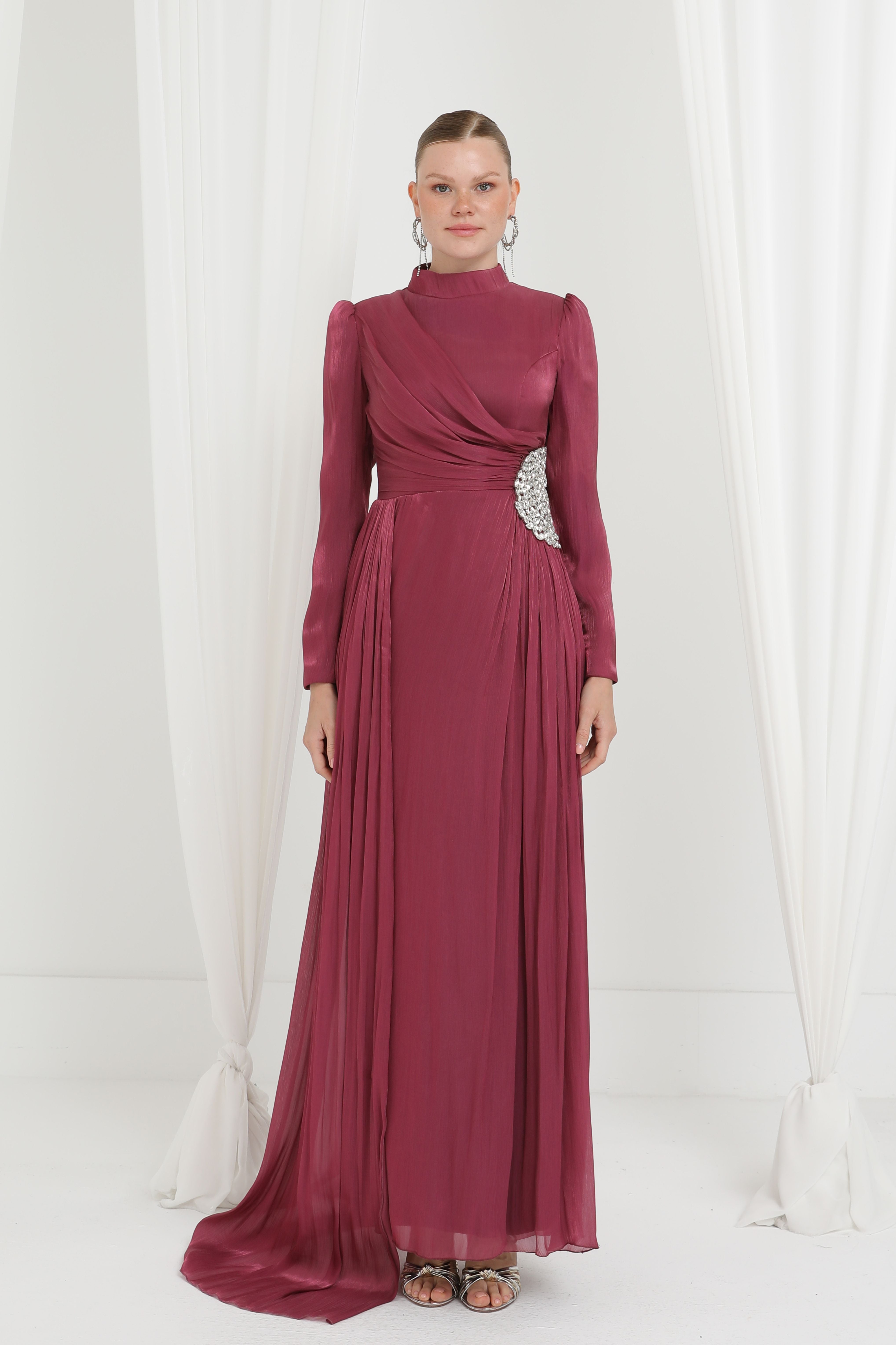 Kadın Taş Detaylı Saten Drape Abiye Elbise-17037ELB