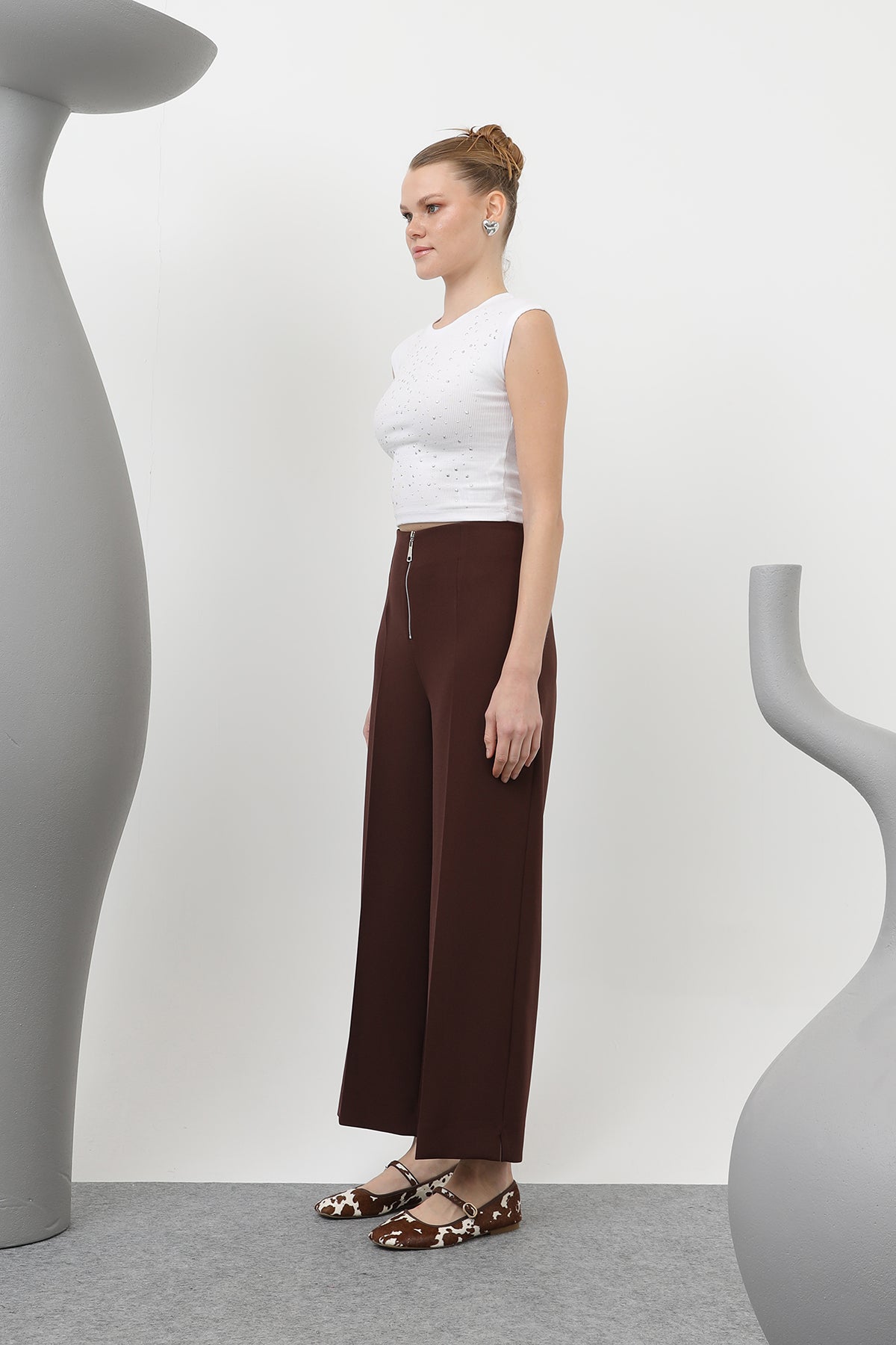 Женский Молния Подробные плоскогубцы Брюки- 18228PNT