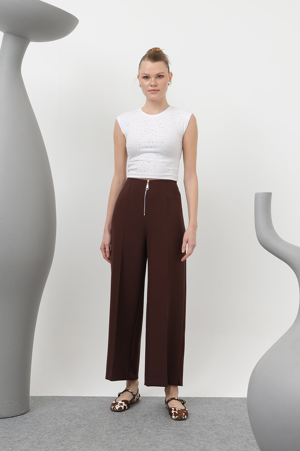 Kadın Fermuar Detaylı Pensli Pantolon- 18228PNT