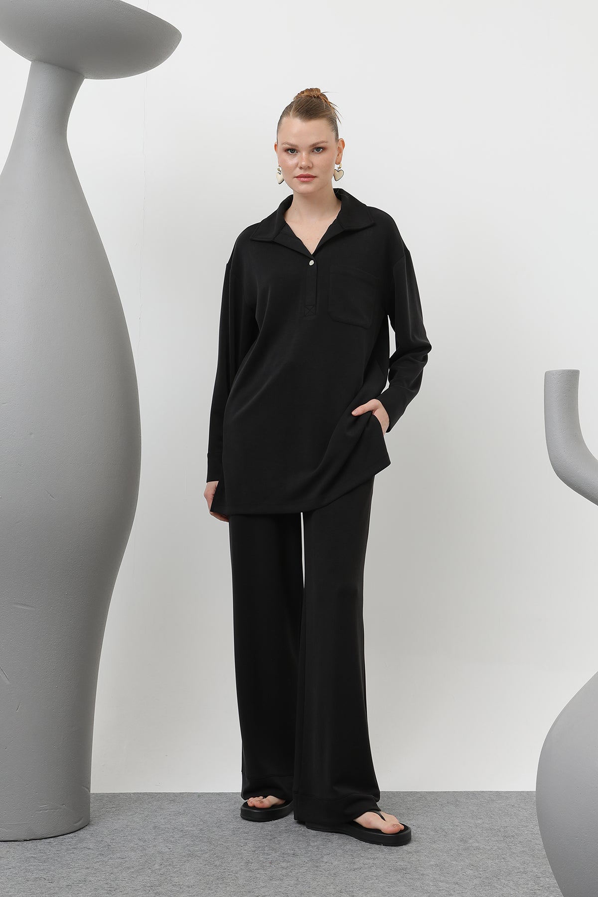 Kadın Yakası Çıtçıtlı Cep Detaylı Pantolonlu Takım - 20605TKS