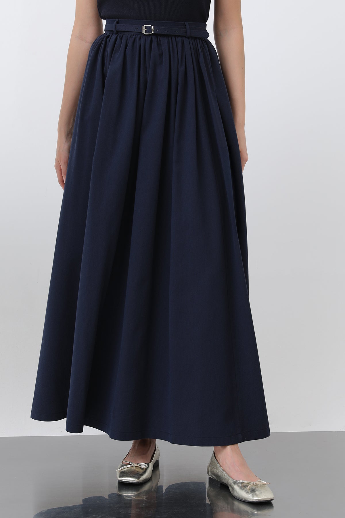 Kadın Belden Büzgülü Kemer Detaylı Denim Etek - 20649ETK