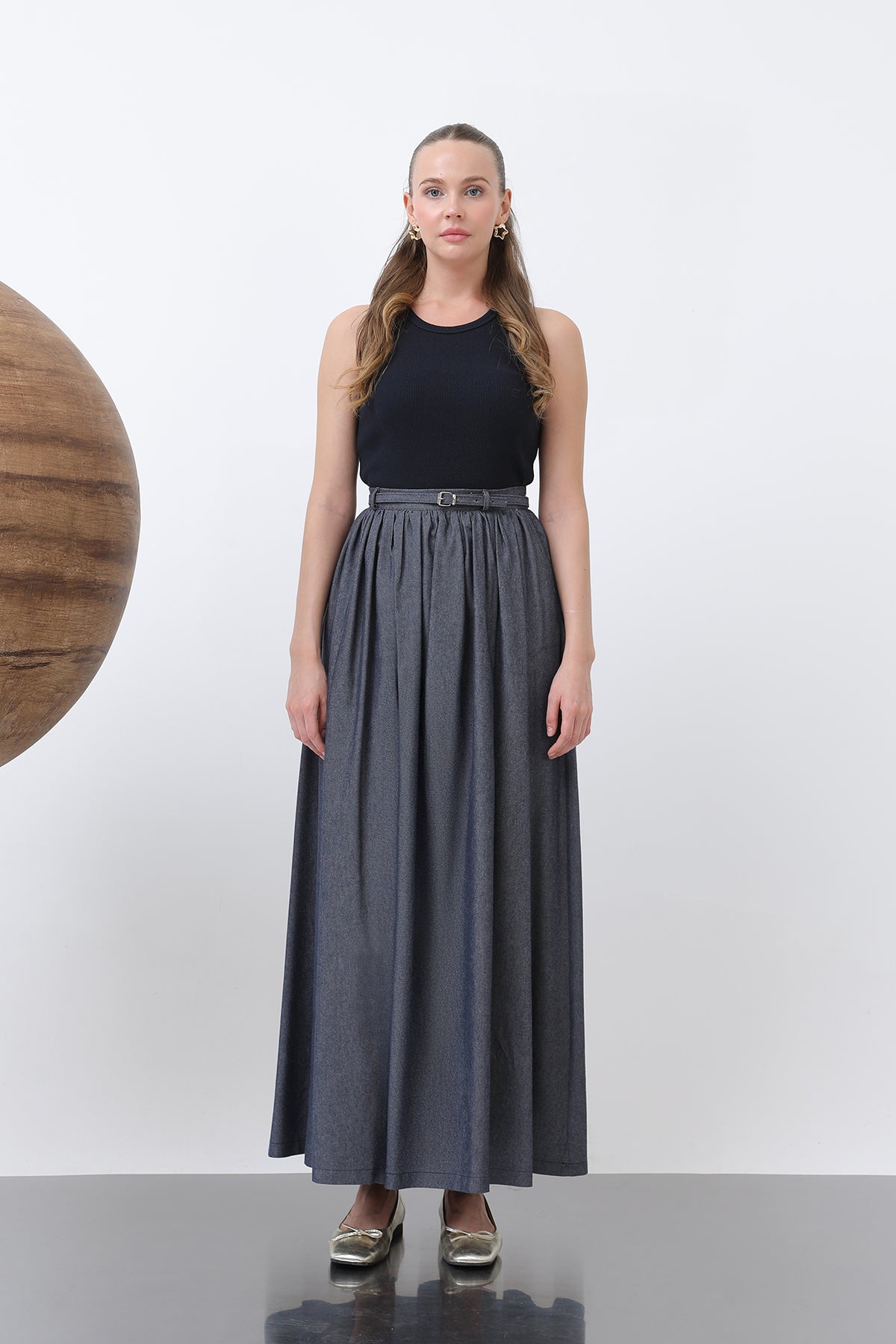 Kadın Belden Büzgülü Kemer Detaylı Denim Etek - 20649ETK