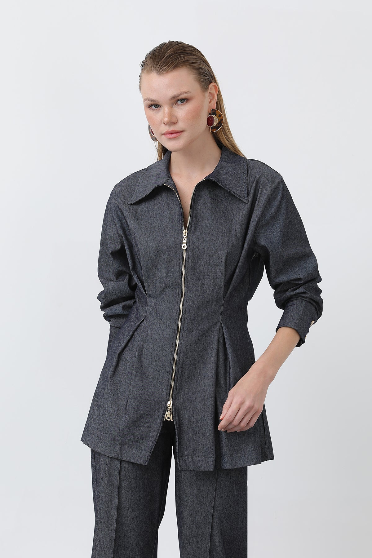 Kadın Gold Fermuar Detaylı Belden Pileli Gömlek Ve Pantolon Takım -20651TKS