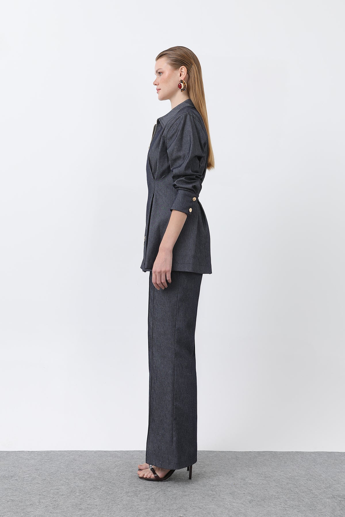 Kadın Gold Fermuar Detaylı Belden Pileli Gömlek Ve Pantolon Takım -20651TKS