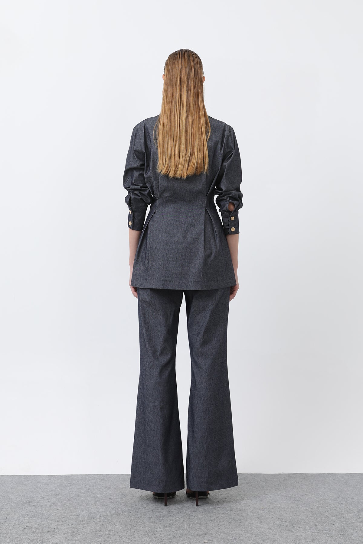 Kadın Gold Fermuar Detaylı Belden Pileli Gömlek Ve Pantolon Takım -20651TKS