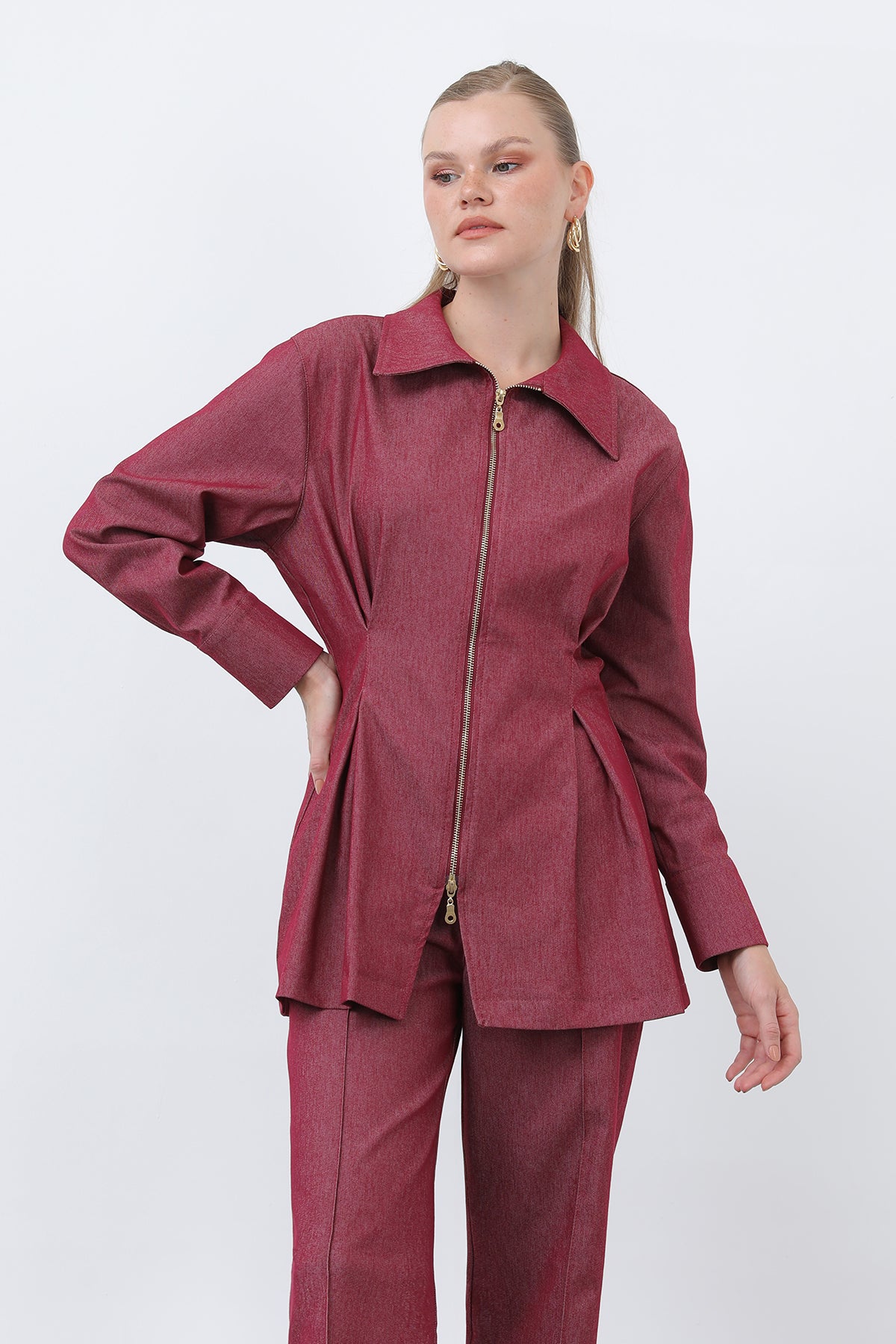 Kadın Gold Fermuar Detaylı Belden Pileli Gömlek Ve Pantolon Takım -20651TKS