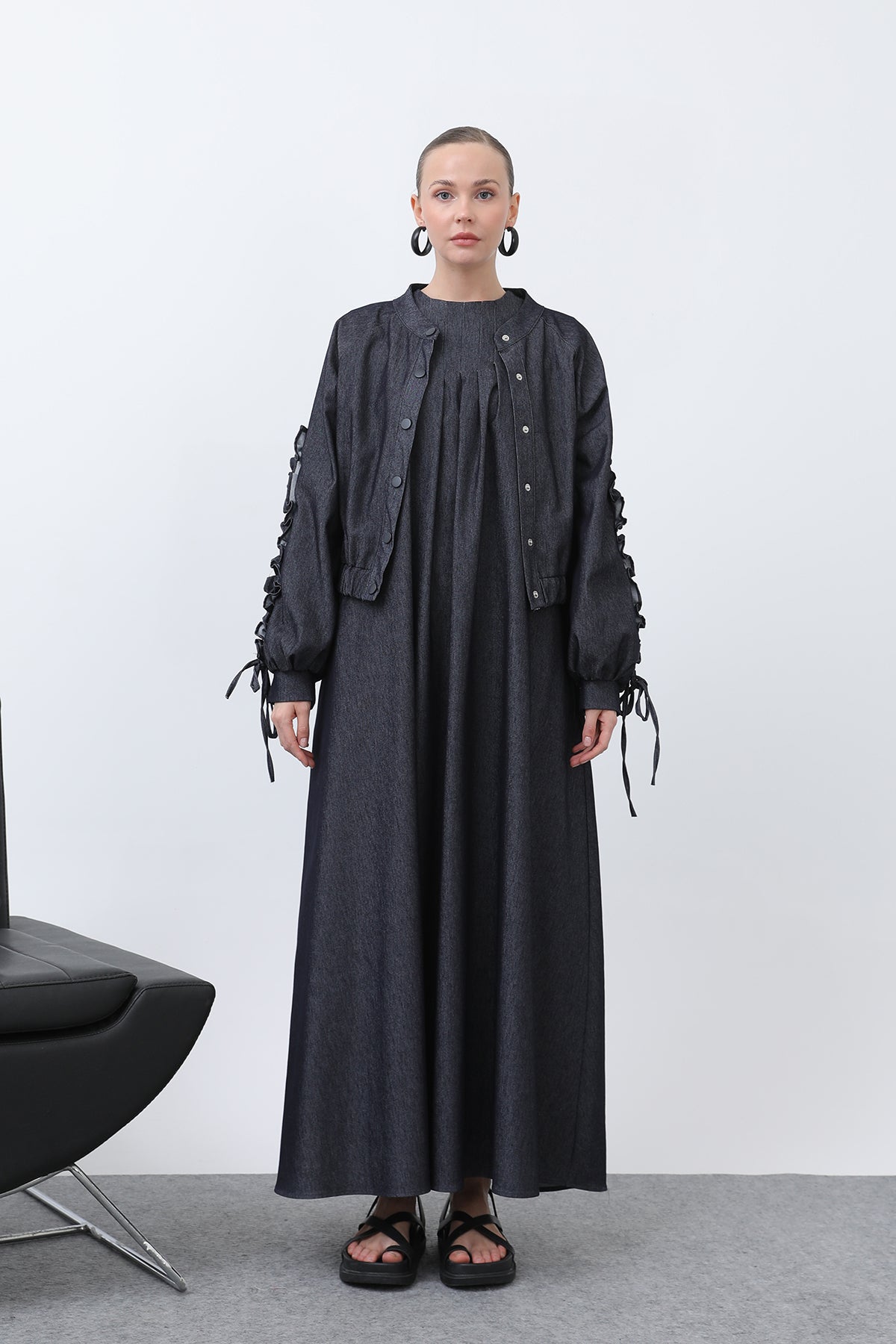 Kadın Kolları Volan Detaylı Ceket Elbise Takım -20654TKS