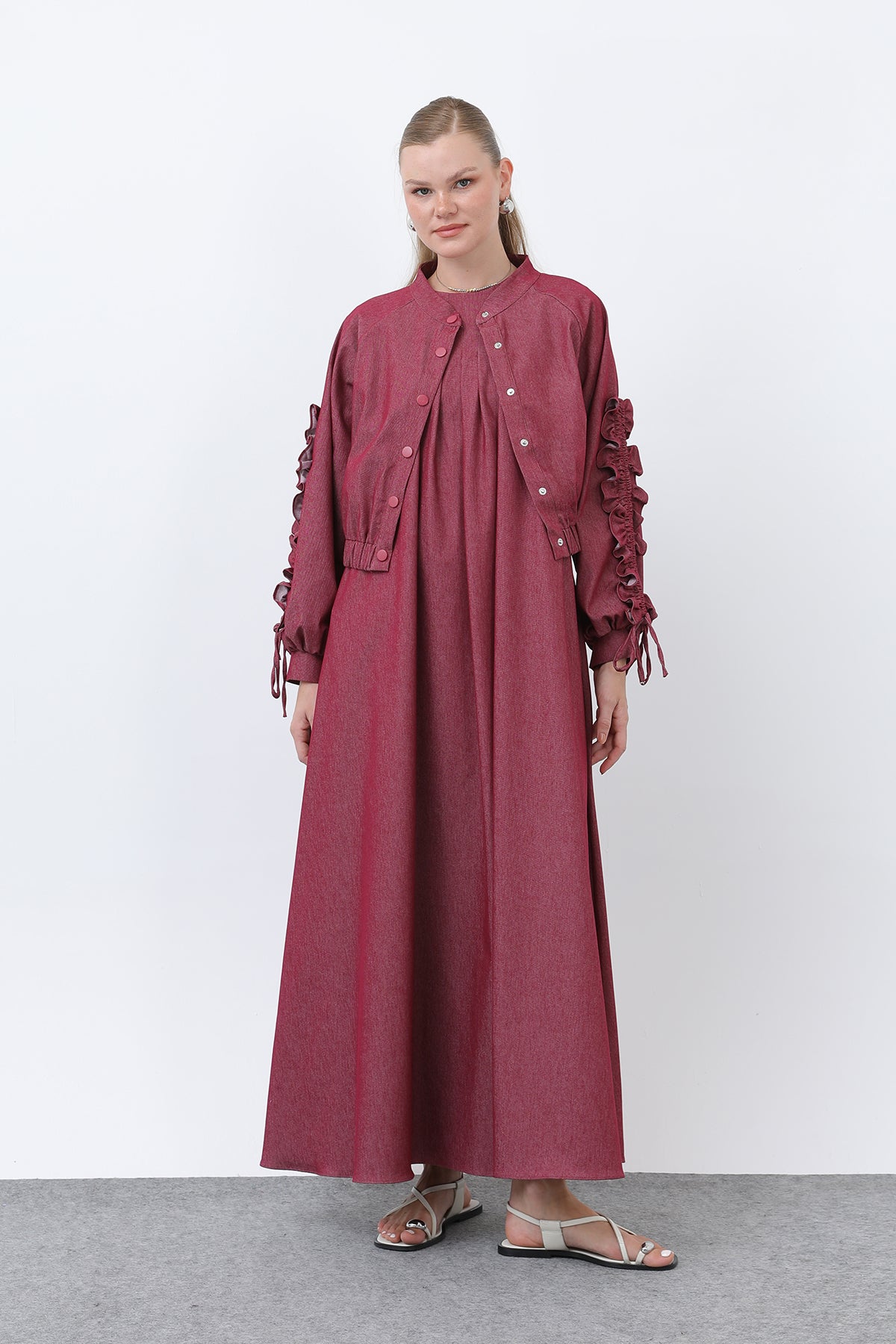 Kadın Kolları Volan Detaylı Ceket Elbise Takım -20654TKS