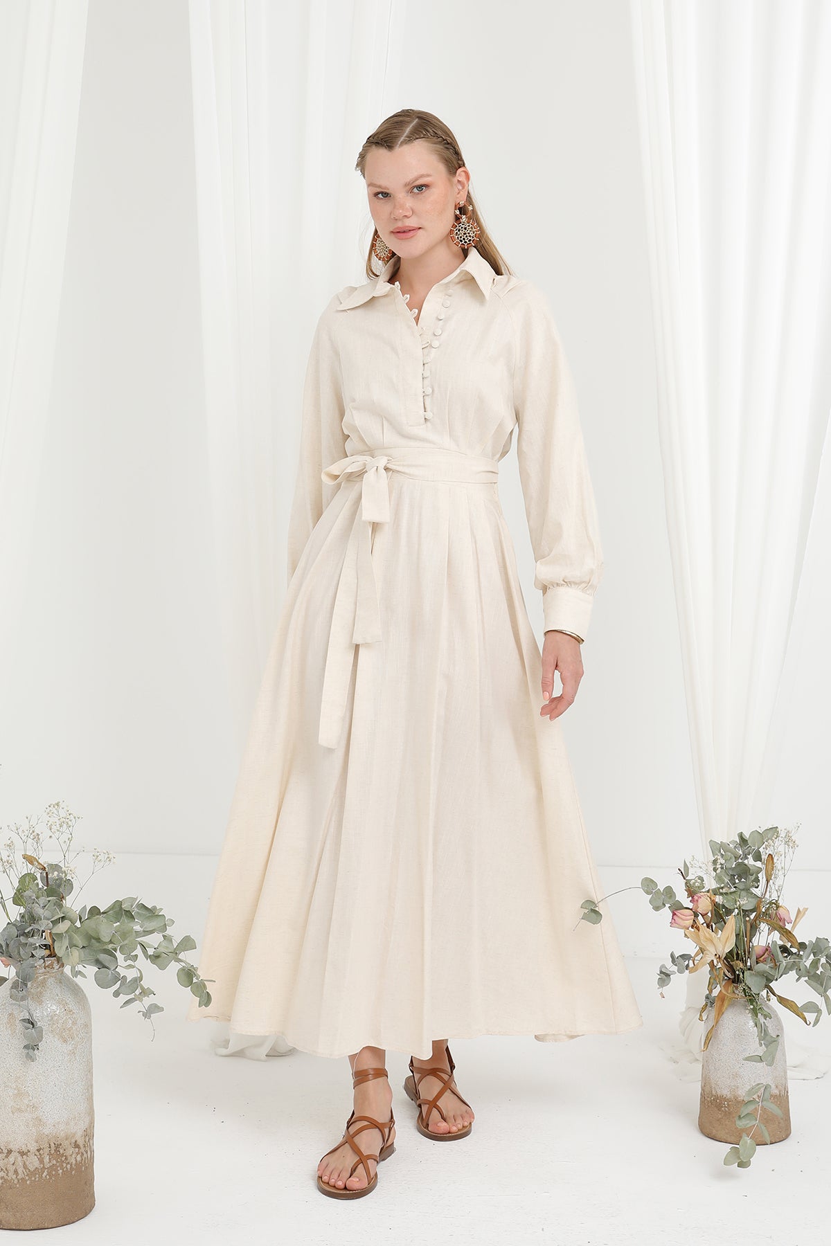 Kadın Kuşaklı Düğme Detaylı Hakim Yaka Elbise - 20688ELB