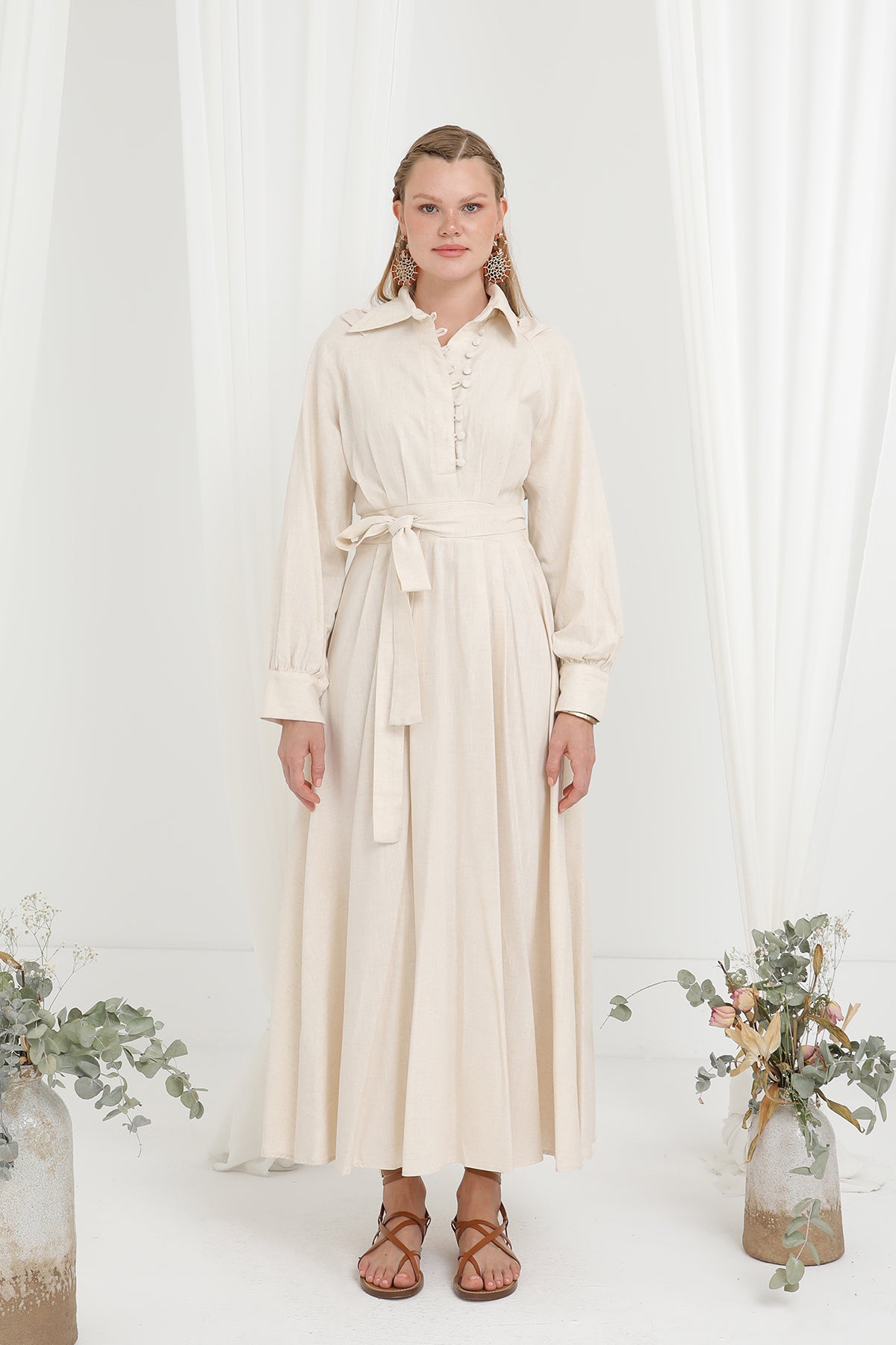 Kadın Kuşaklı Düğme Detaylı Hakim Yaka Elbise - 20688ELB