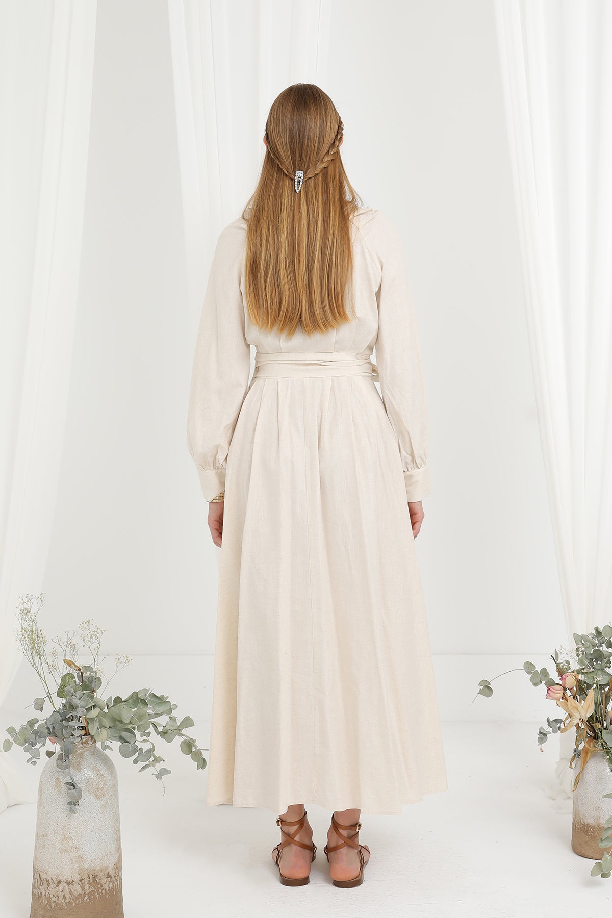 Kadın Kuşaklı Düğme Detaylı Hakim Yaka Elbise - 20688ELB