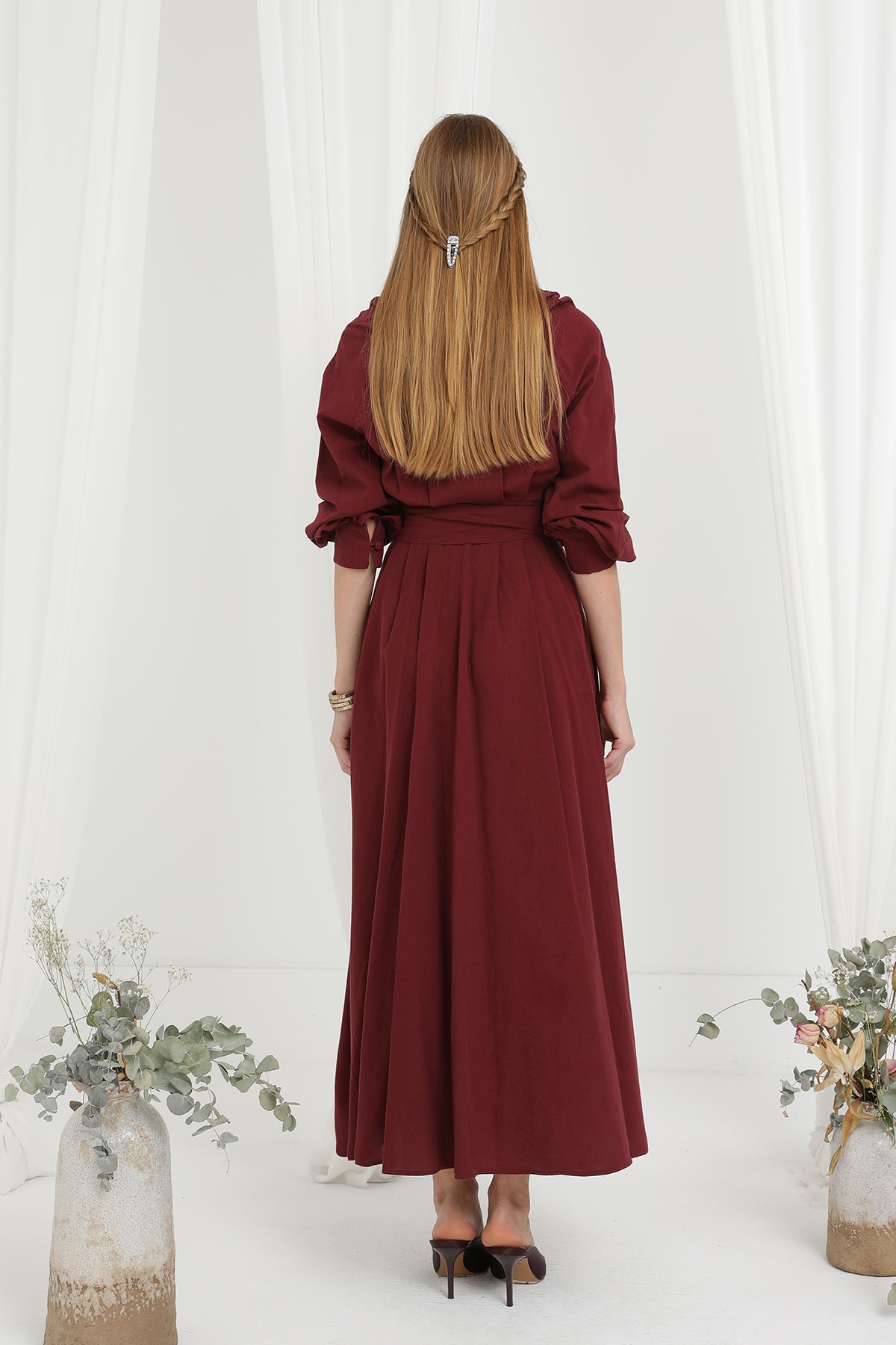 Kadın Kuşaklı Düğme Detaylı Hakim Yaka Elbise - 20688ELB