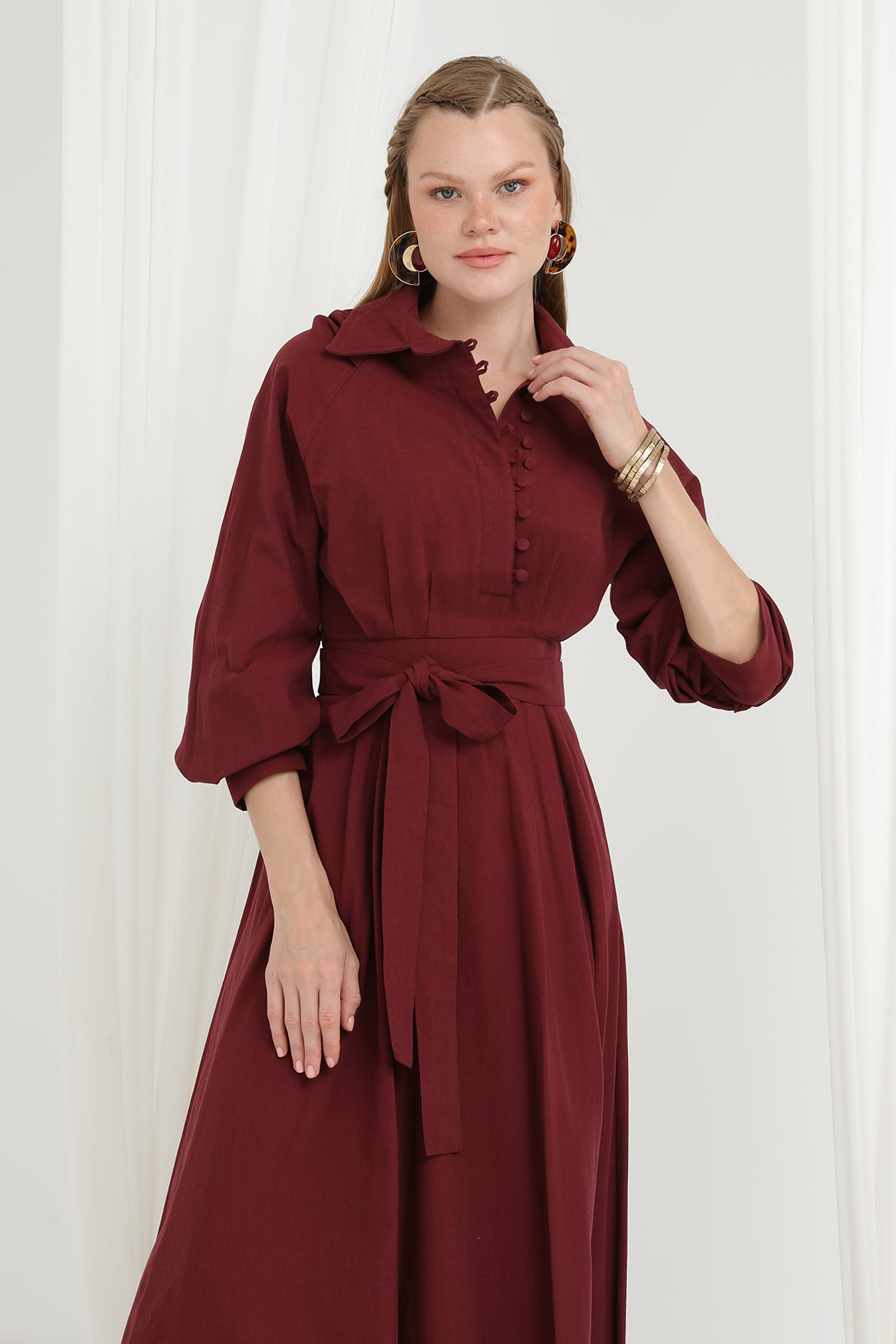 Kadın Kuşaklı Düğme Detaylı Hakim Yaka Elbise - 20688ELB