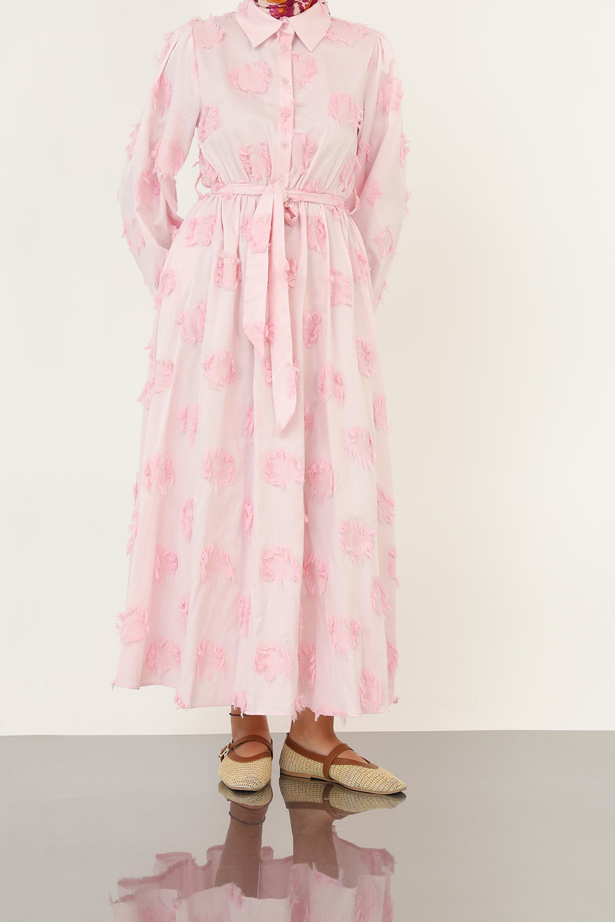 Kadın 3D Çiçek Desenli Kuşaklı Maxi Elbise -20695ELB