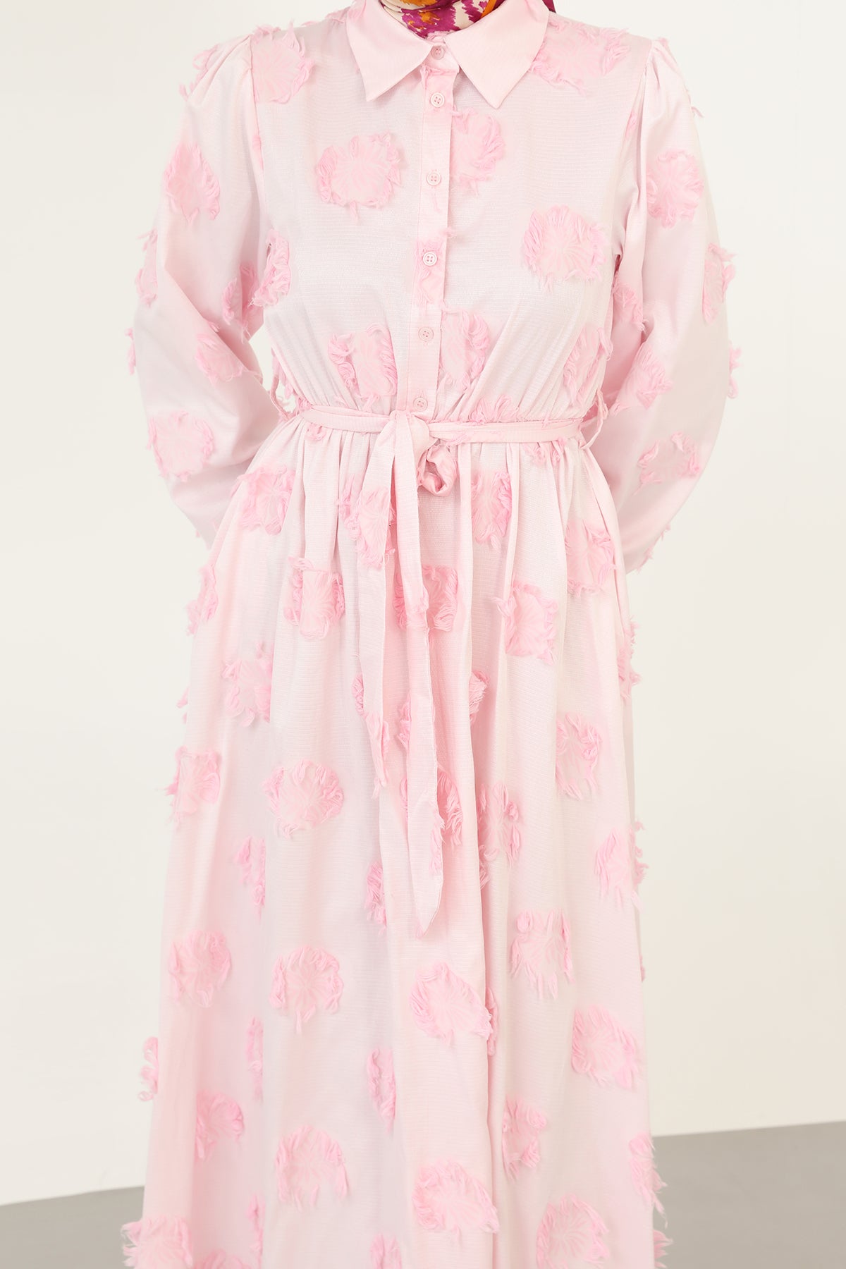 Kadın 3D Çiçek Desenli Kuşaklı Maxi Elbise -20695ELB