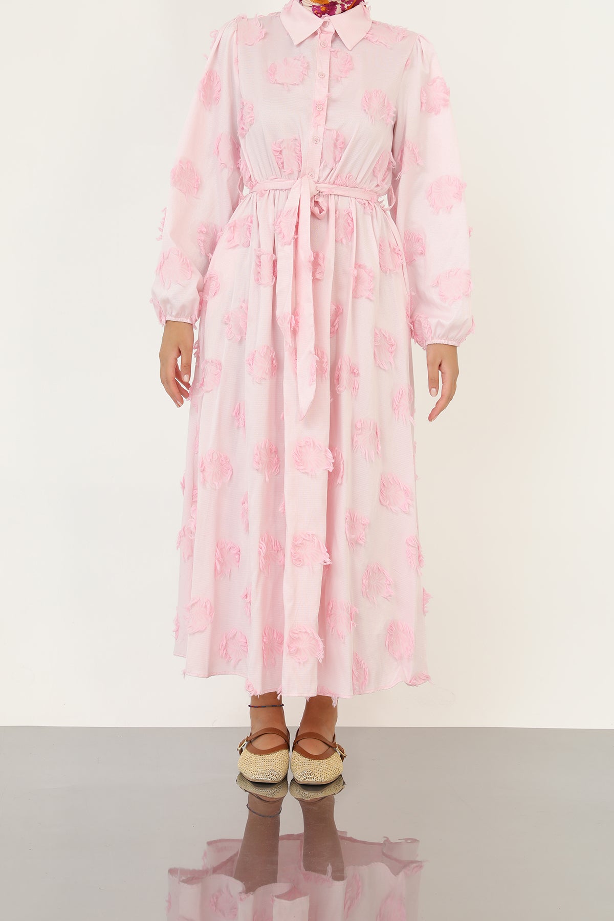 Kadın 3D Çiçek Desenli Kuşaklı Maxi Elbise -20695ELB