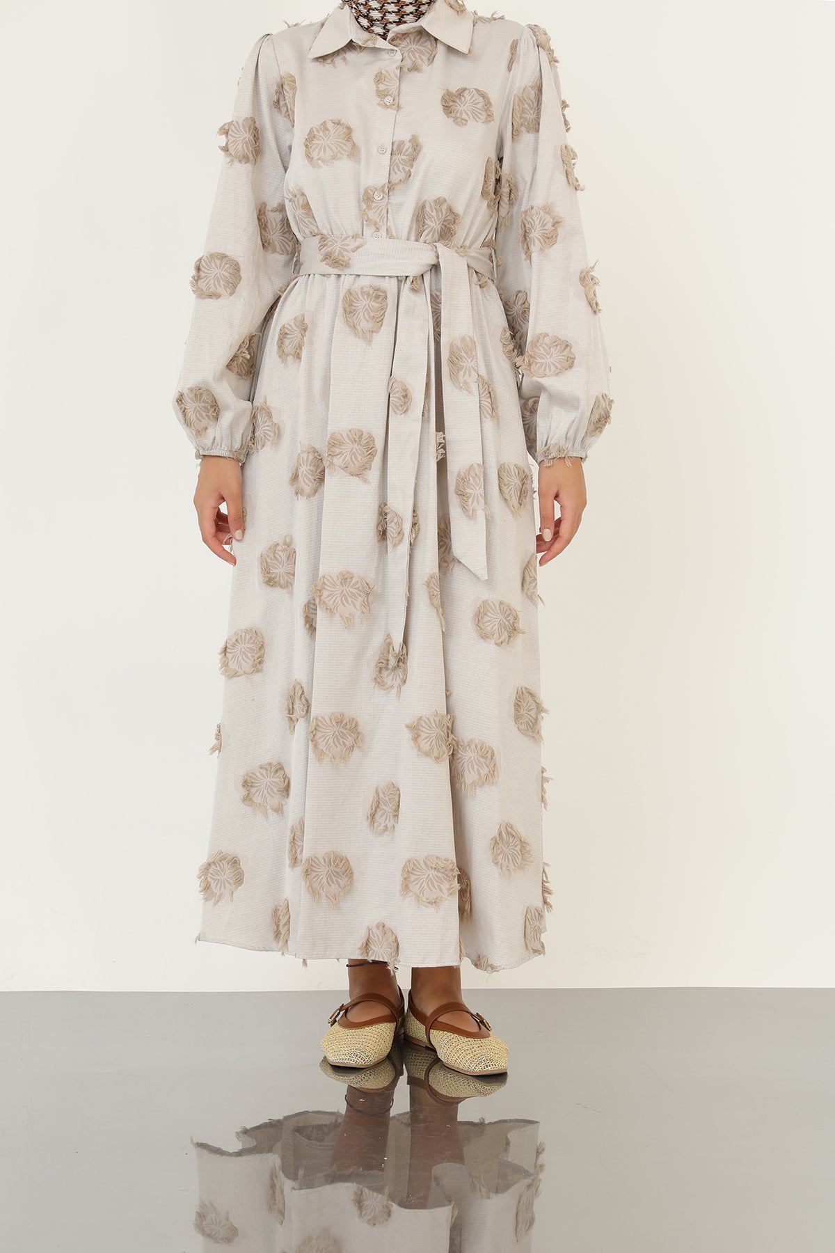 Kadın 3D Çiçek Desenli Kuşaklı Maxi Elbise -20695ELB