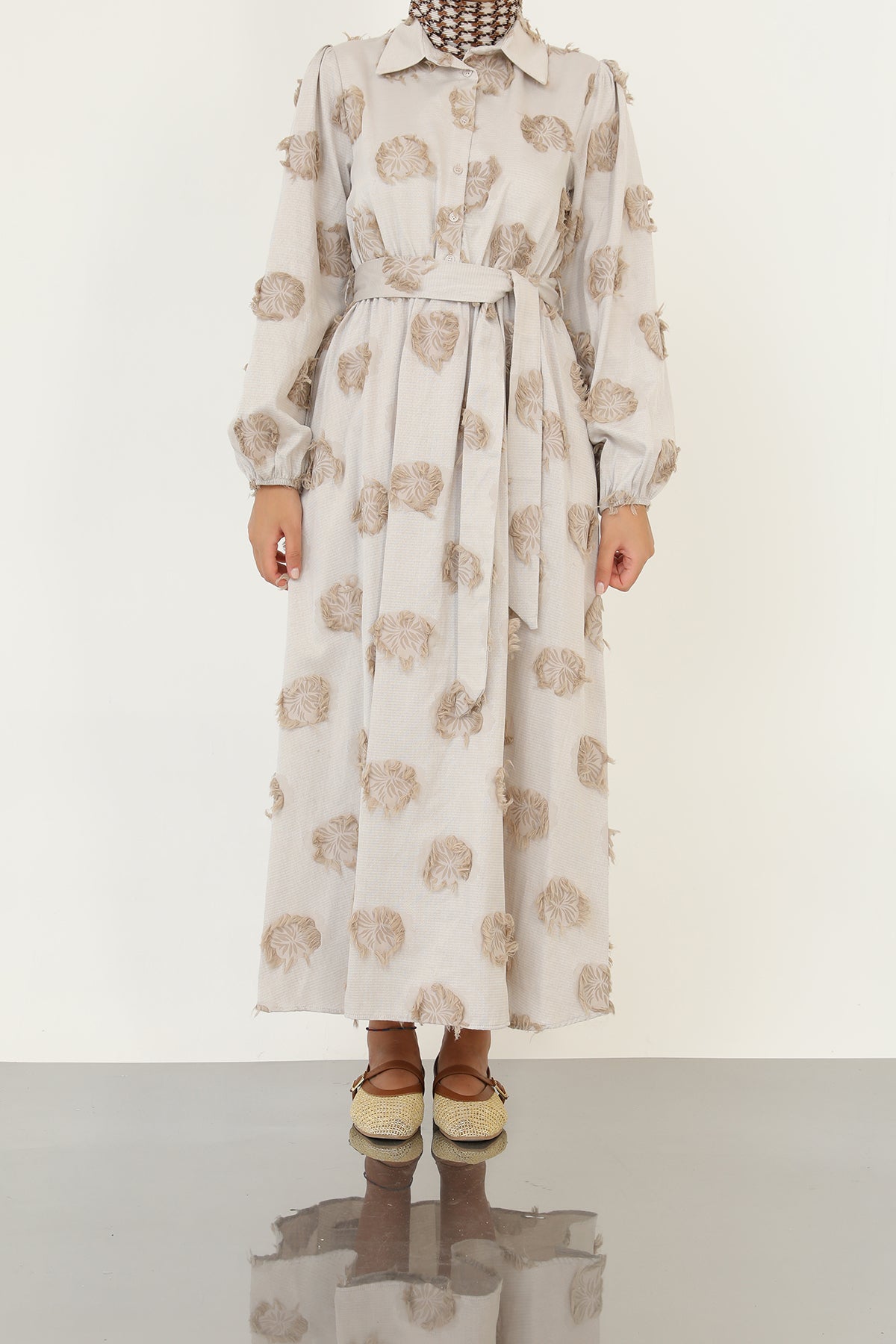 Kadın 3D Çiçek Desenli Kuşaklı Maxi Elbise -20695ELB