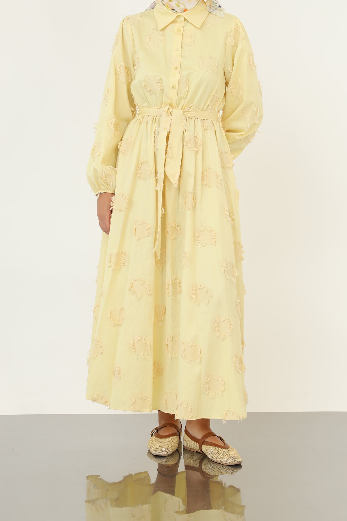 Kadın 3D Çiçek Desenli Kuşaklı Maxi Elbise -20695ELB