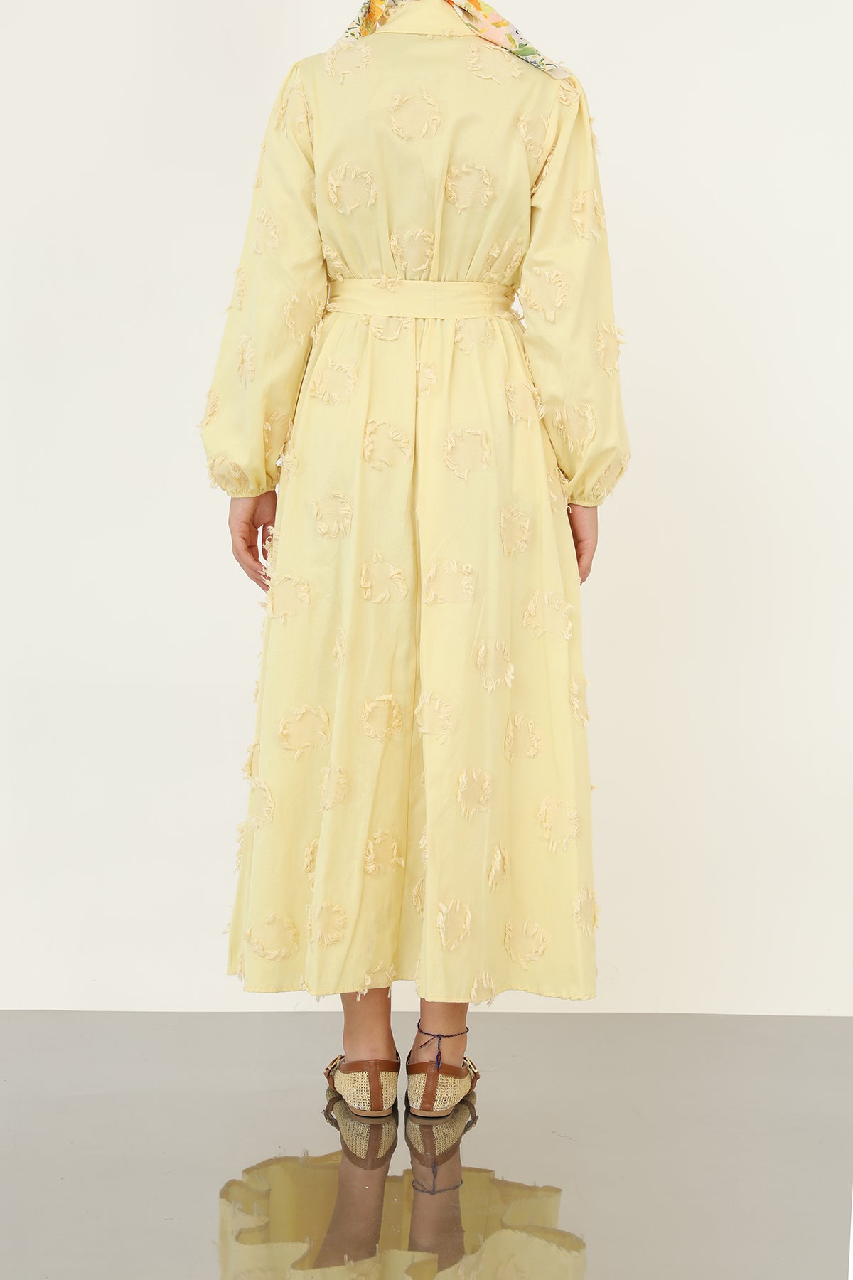 Kadın 3D Çiçek Desenli Kuşaklı Maxi Elbise -20695ELB