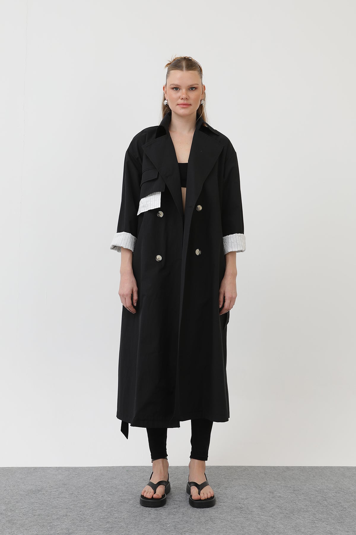 Kadın Garni Çizgili Detaylı Trench - 32141TRC