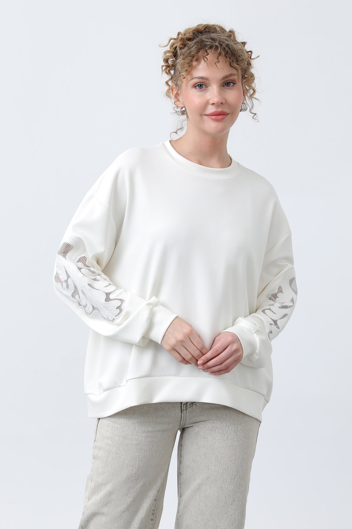 Kadın Kollar File Nakışlı Sweatshirt