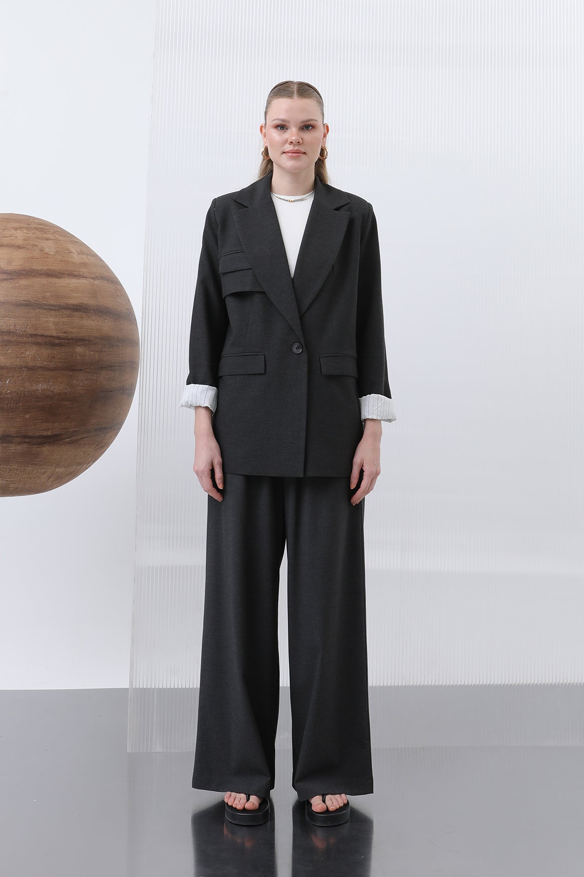 Kadın Cepli Çizgi Garnili Blazer Ceket - 32190CKT