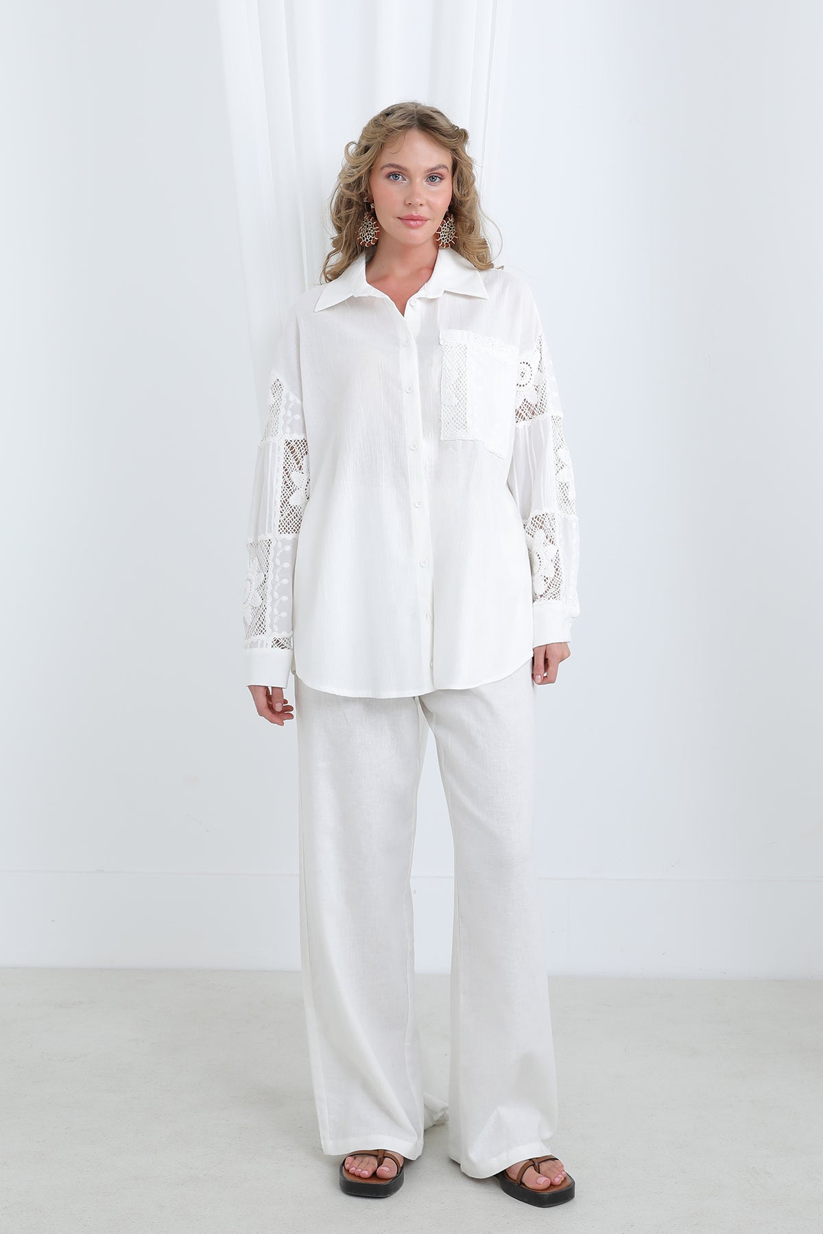 Dantel Detaylı Oversize Gömlek-32324GML