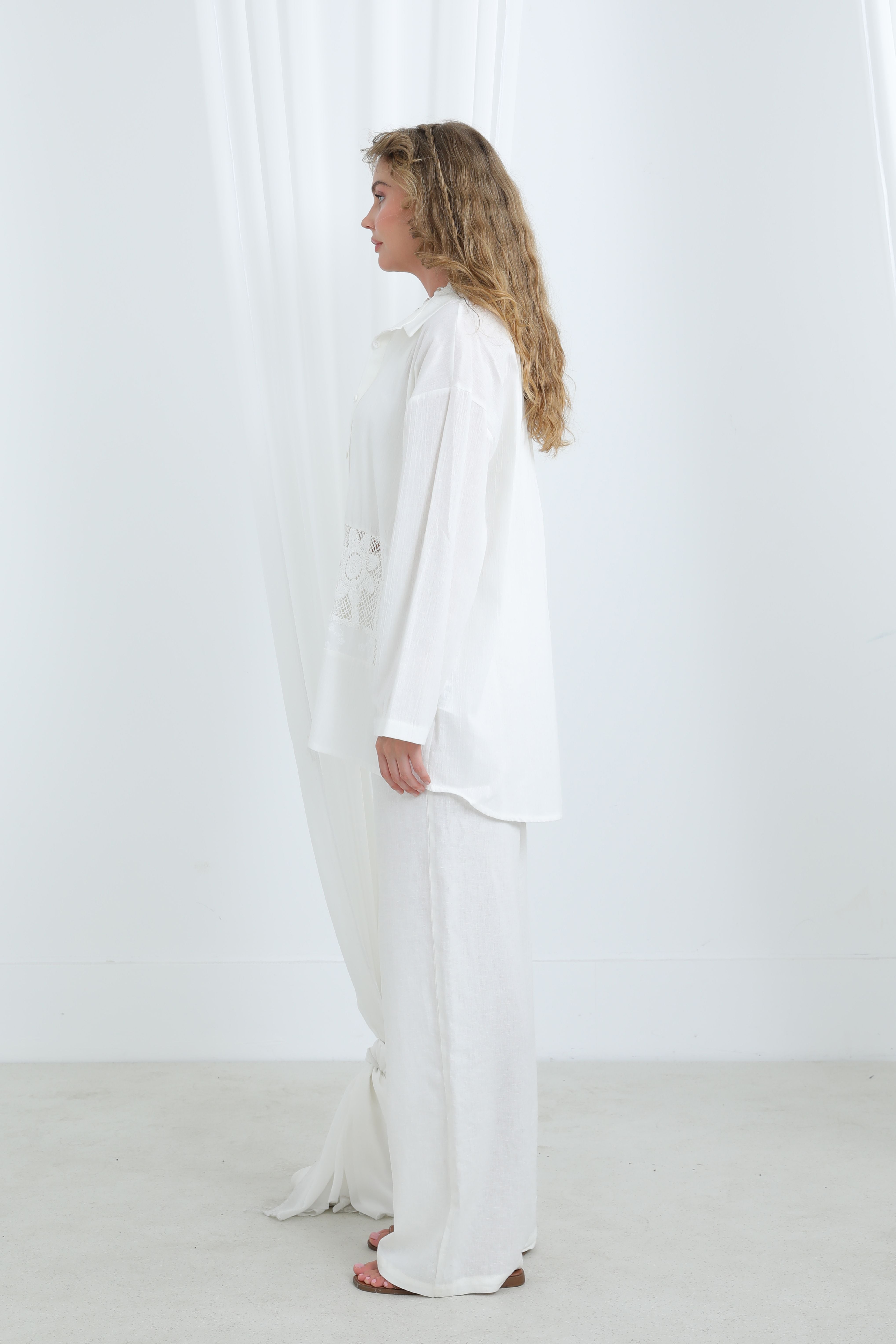 Kadın Dantel Geçişli Gömlek -32325GML