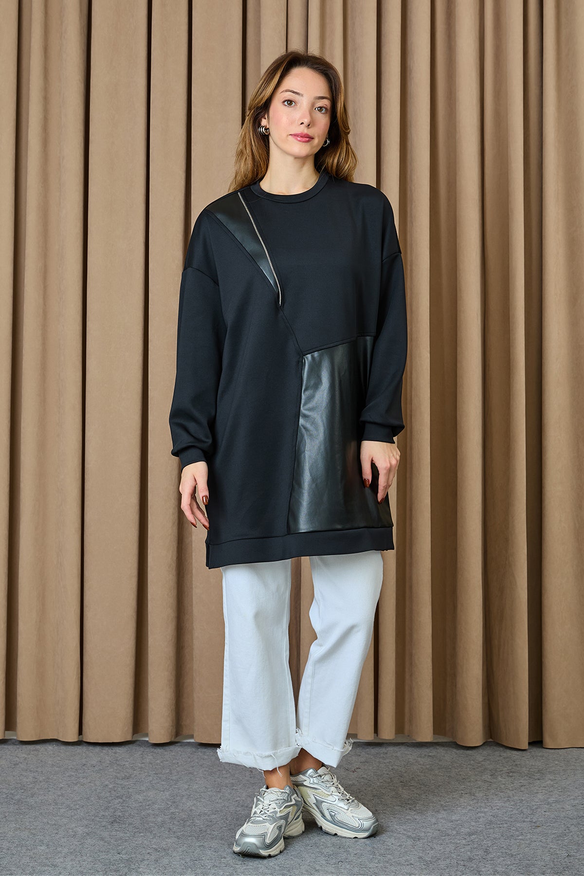 Kadın Fermuar ve Deri Detaylı Asimetrik Tunik - 10728TUN