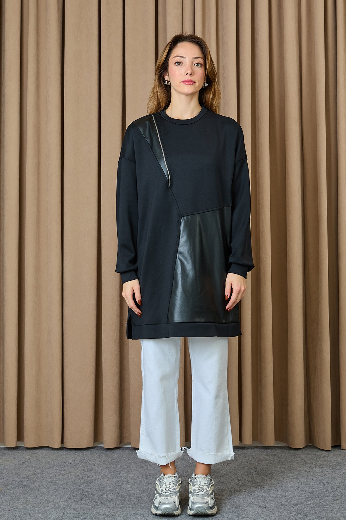 Kadın Fermuar ve Deri Detaylı Asimetrik Tunik - 10728TUN